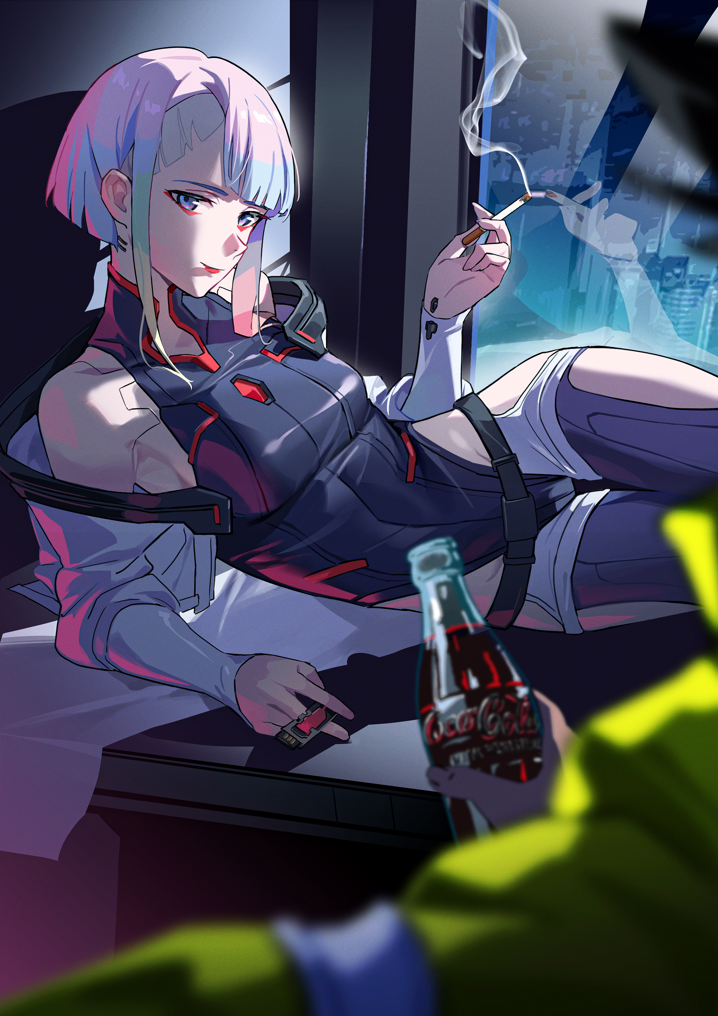 Anime 2480x3508 Bigroll Lucyna Kushinada (Cyberpunk: Edgerunners) Cyberpunk 2077 noise digital art anime girls frontal view cigarettes smoking glass bottle Coca-Cola beverages smoke lying on side David Martinez (Edgerunners) depth of field gradient hair blue eyes closed mouth short hair thighs together the gap bodysuit shadow