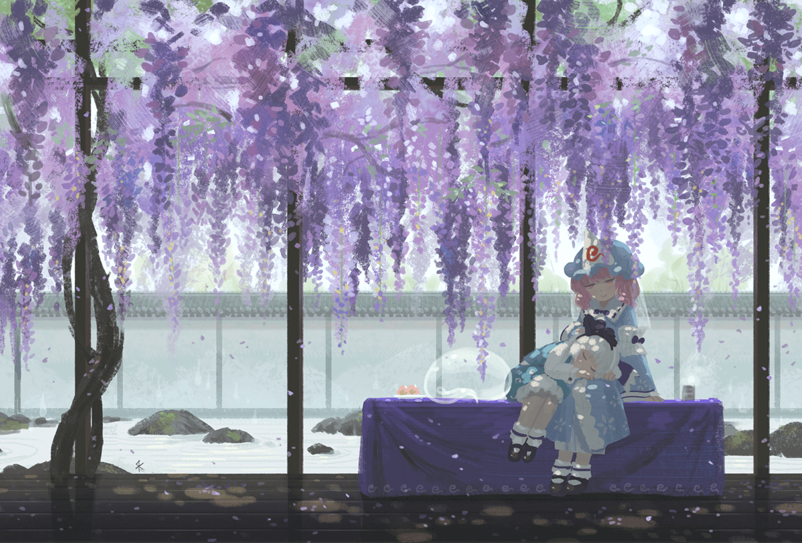 Anime 1594x1080 Touhou Saigyouji Yuyuko Konpaku Youmu wisteria nature