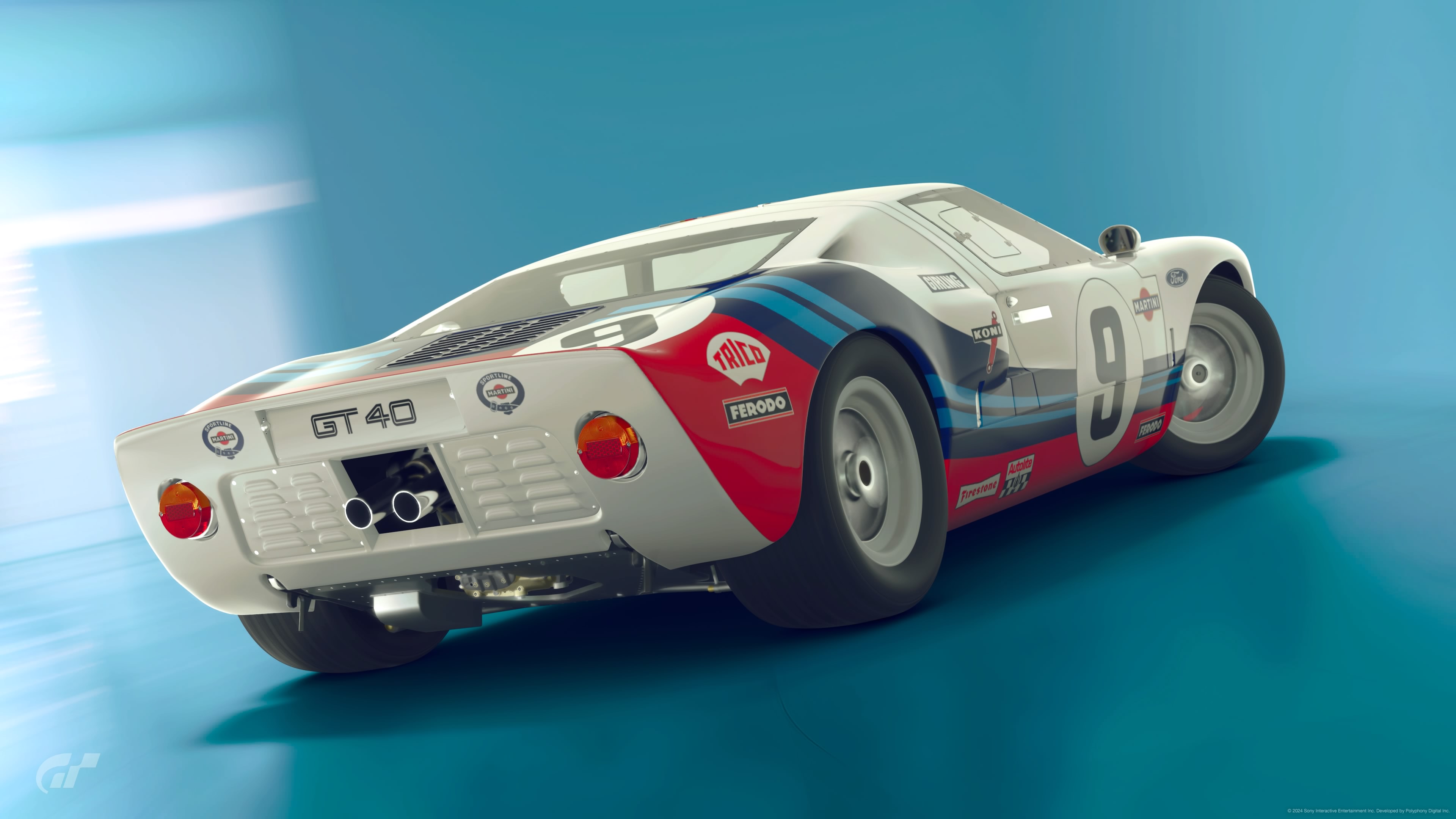 General 3840x2160 Ford GT40 American cars custom Gran Turismo 7 livery Martini Le Mans video games rear view 1966 (Year) watermarked car vehicle Ford motorsport racing race cars reflection V8 engine Polyphony Digital