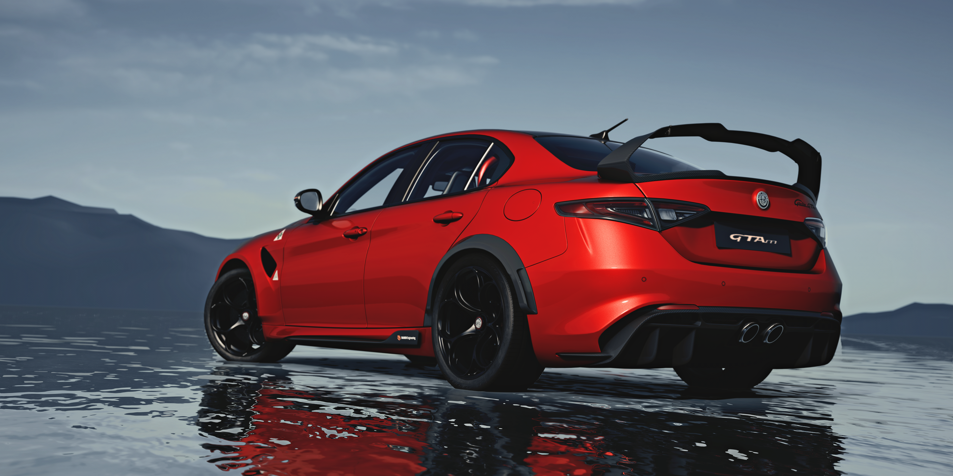 General 3200x1600 Giulia GTA M Alfa Romeo Assetto Corsa PC gaming water rear view side view cinematic video game art racing reflection wet