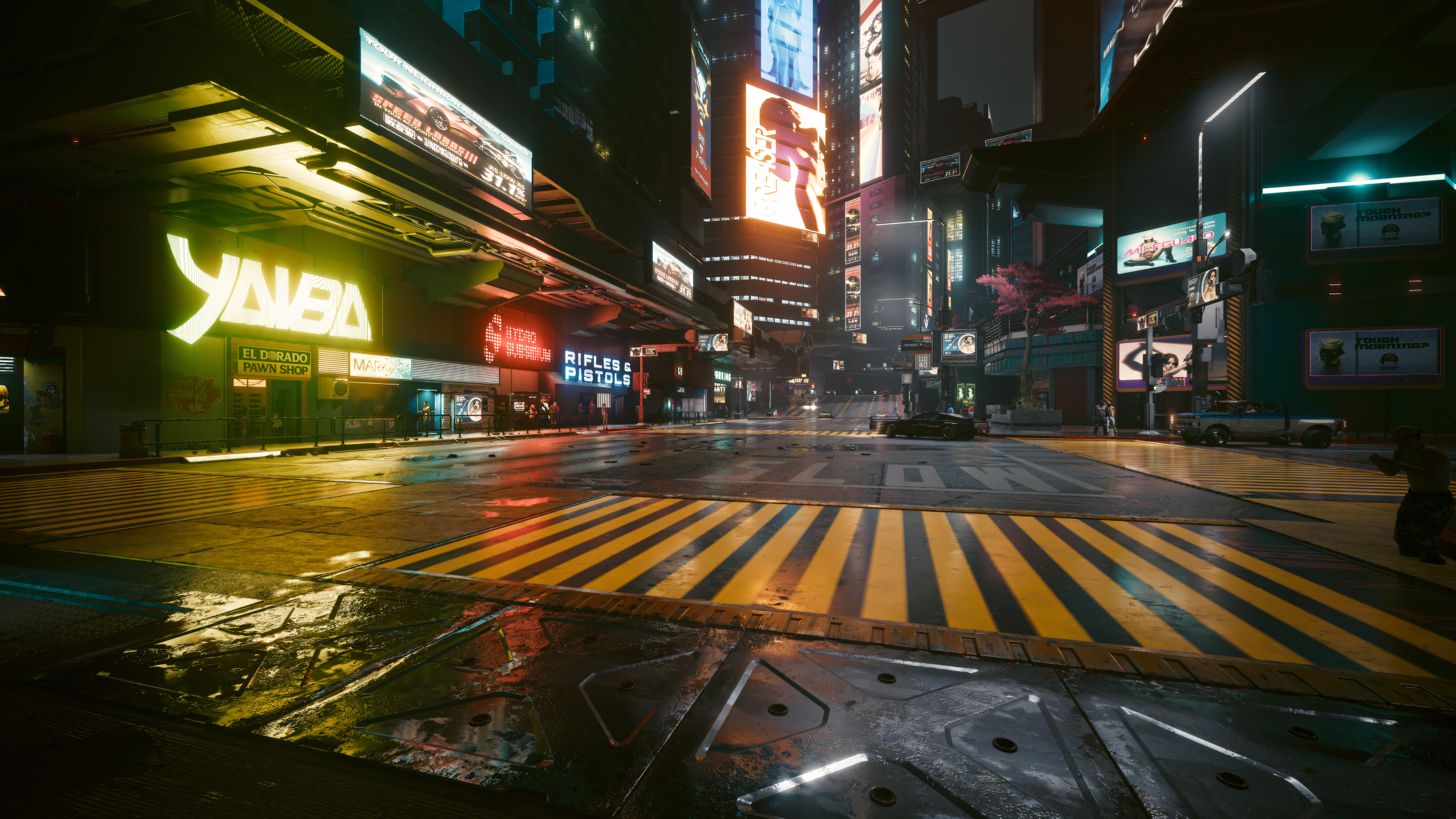 General 3840x2160 colorful neon advertisements brand pedestrian lights yellow red stores road traffic cyber Cyberpunk 2077 video game art video games futuristic