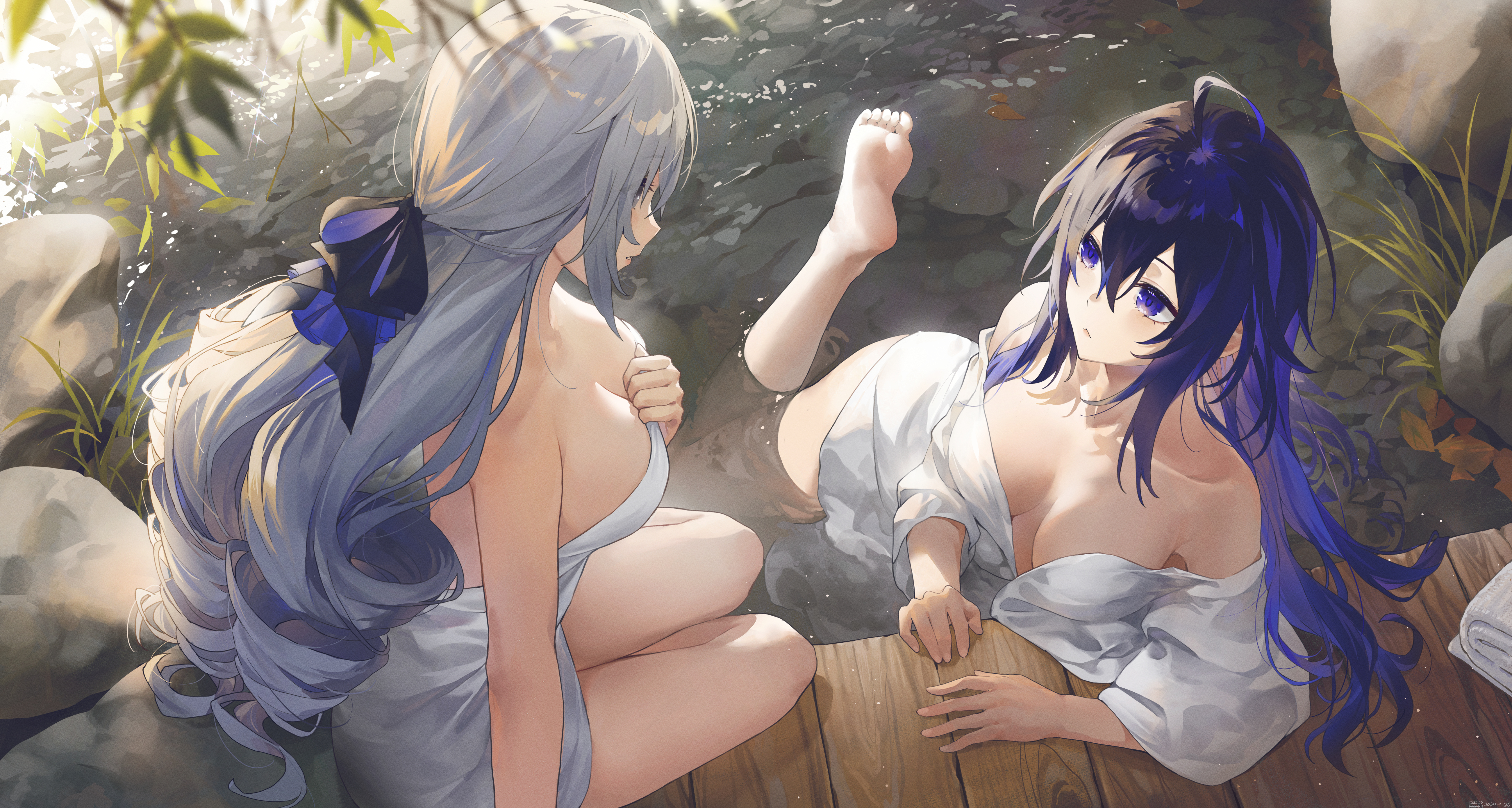 Anime 5985x3201 Honkai: Star Rail long hair Bronya Rand two women Seele (Honkai: Star Rail) face to face in water women outdoors rocks water hand(s) on chest boobs feet SWKL towel toes thighs open clothes white shirt white towel parted lips foot sole bare shoulders hair between eyes sitting