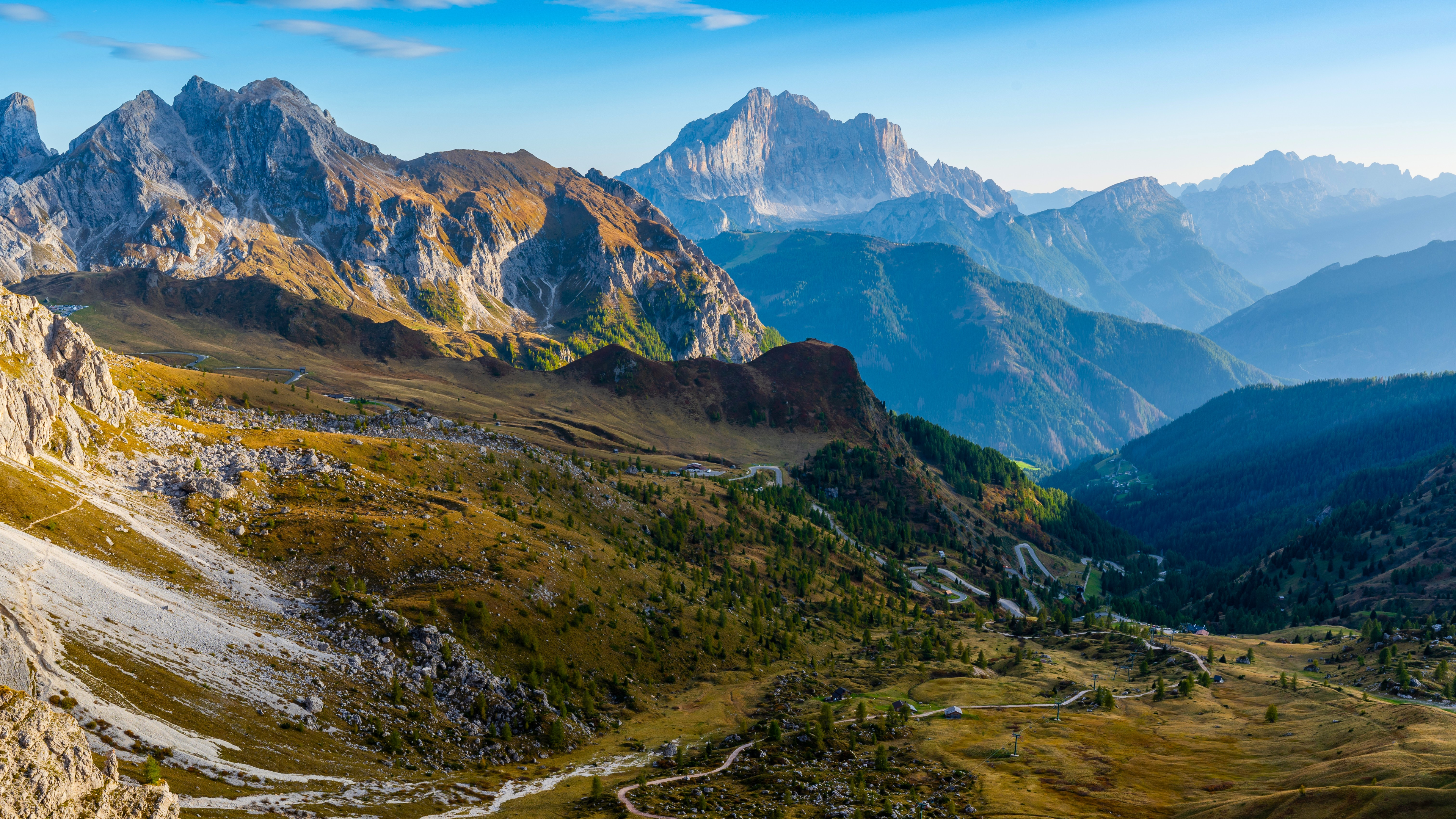 General 3840x2160 nature landscape mountains clouds sky rocks road hairpin turns trees forest village power lines sunlight Dolomites Alps Italy