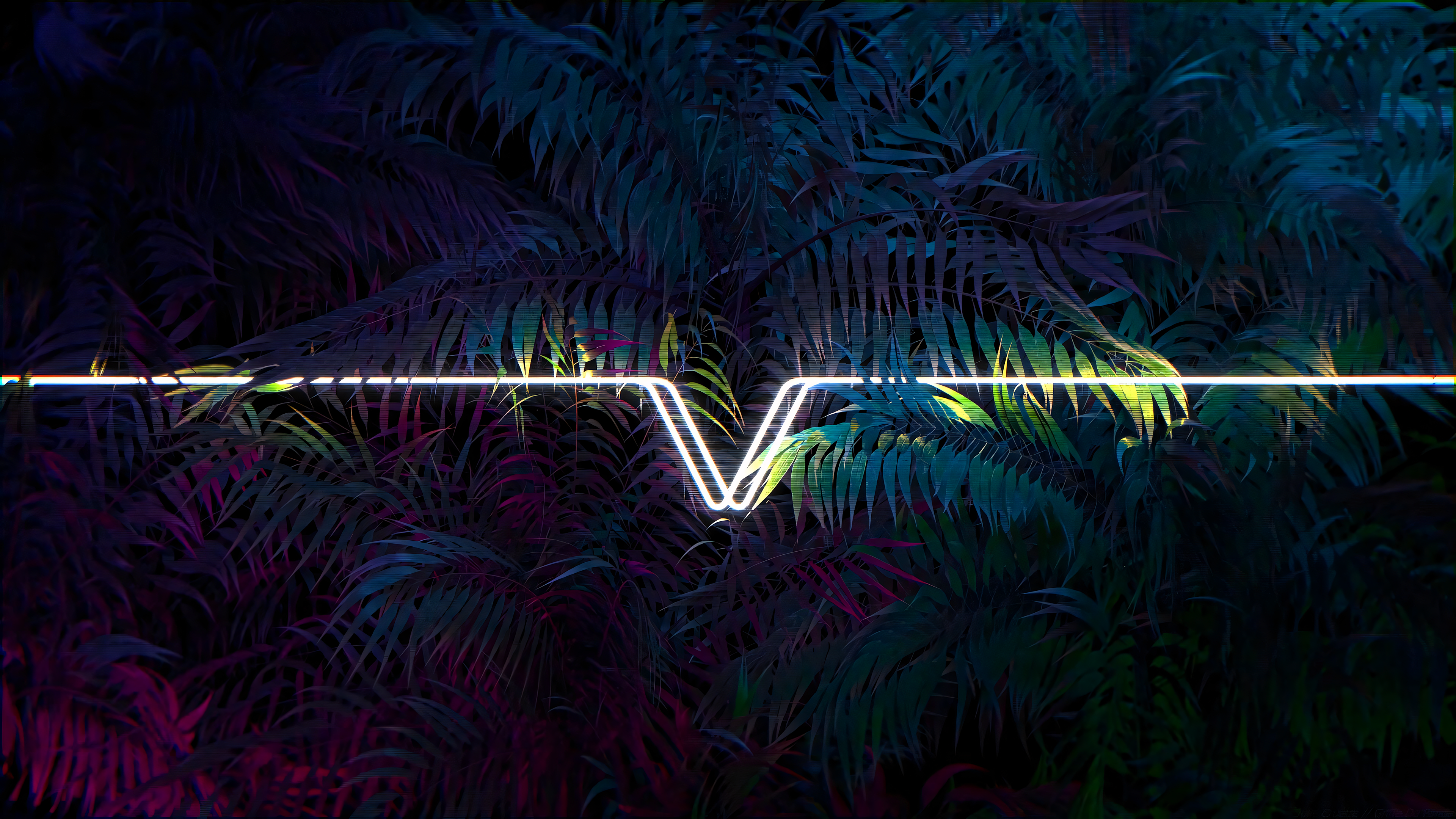 General 3840x2160 neon white purple blue light bar leaves colorful dark low light digital art photo manipulation