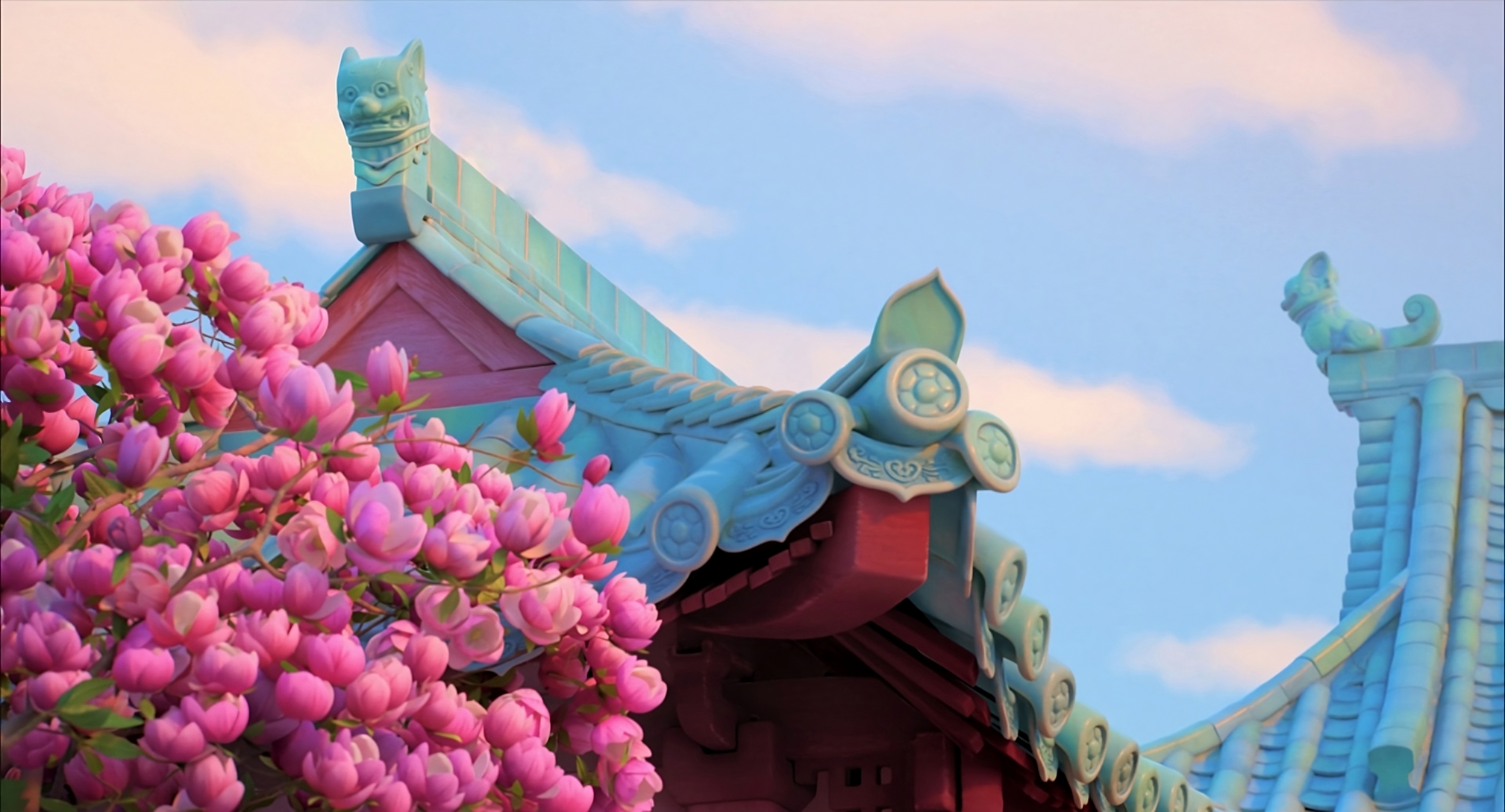 General 3840x2072 turning red Pixar Animation Studios Chinese architecture animation cherry blossom red panda