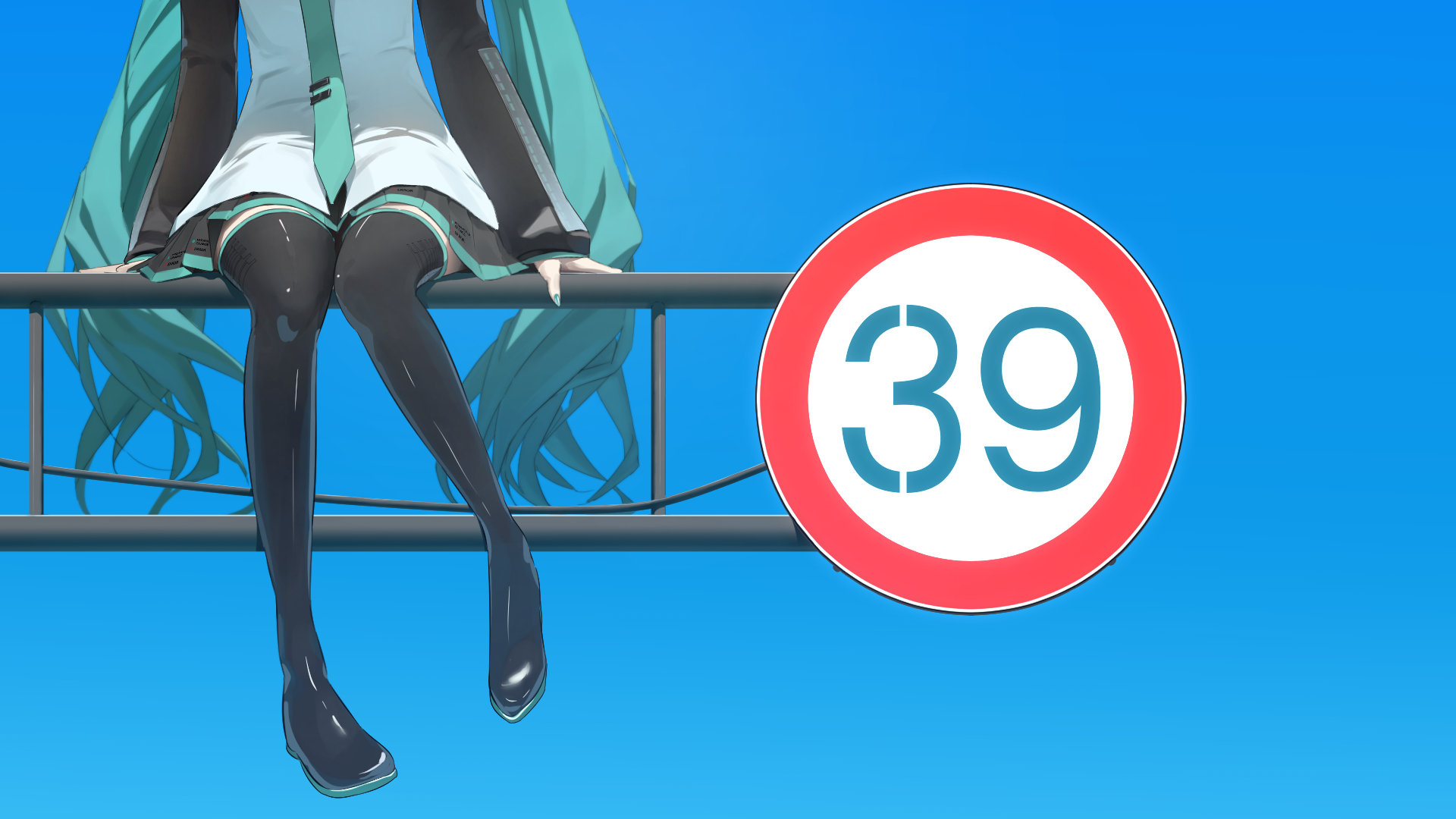 Anime 1920x1080 Bananafish1111 Vocaloid Hatsune Miku black skirts detached sleeves sitting thigh high boots road sign women outdoors clear sky blue nails turquoise hair twintails long sleeves railing tie sky
