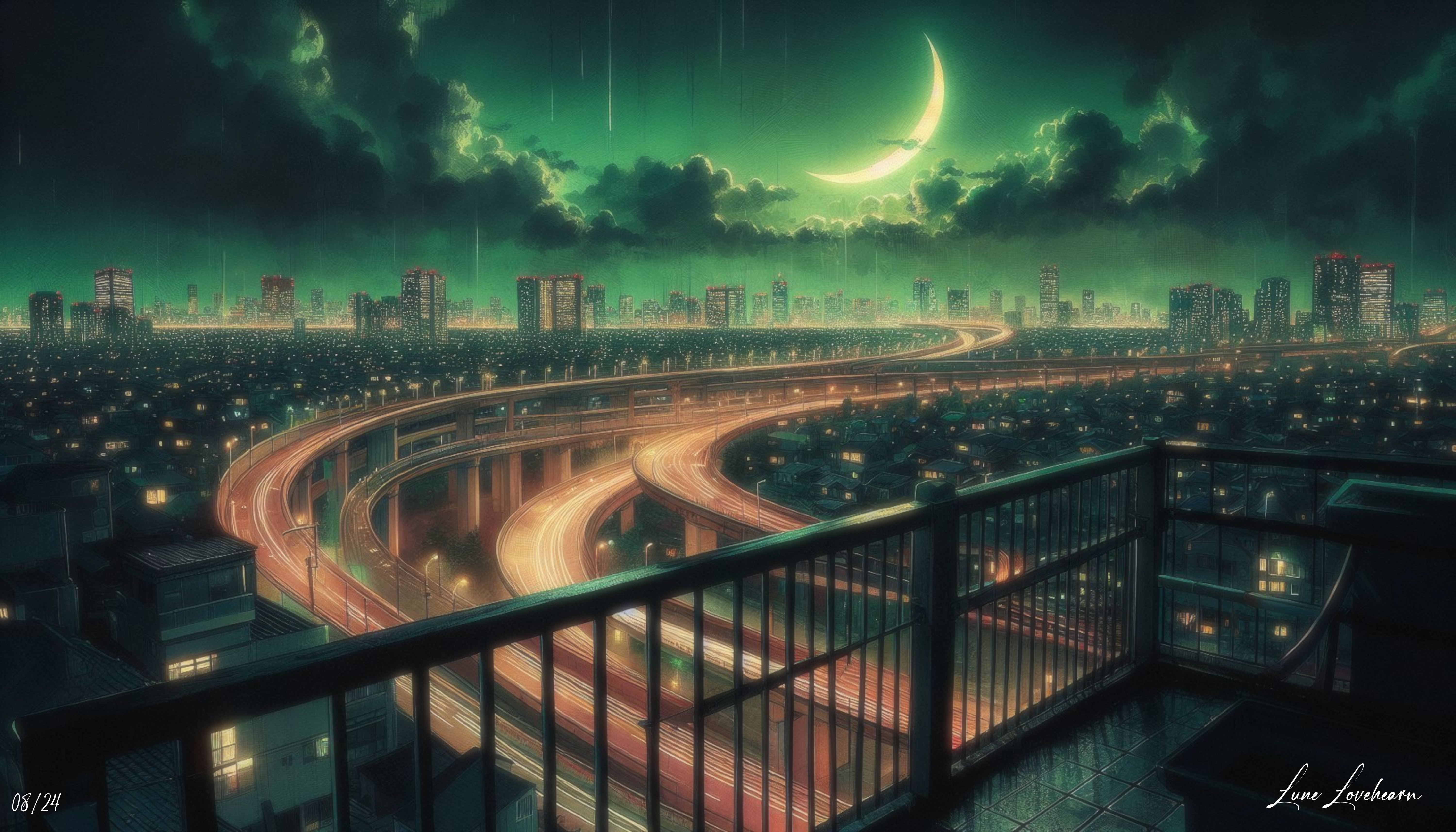 Anime 6000x3428 Tokyo night city green background green crescent moon LoFi LofiGirl Jazz highway rooftops balcony clouds Chill Out AI art