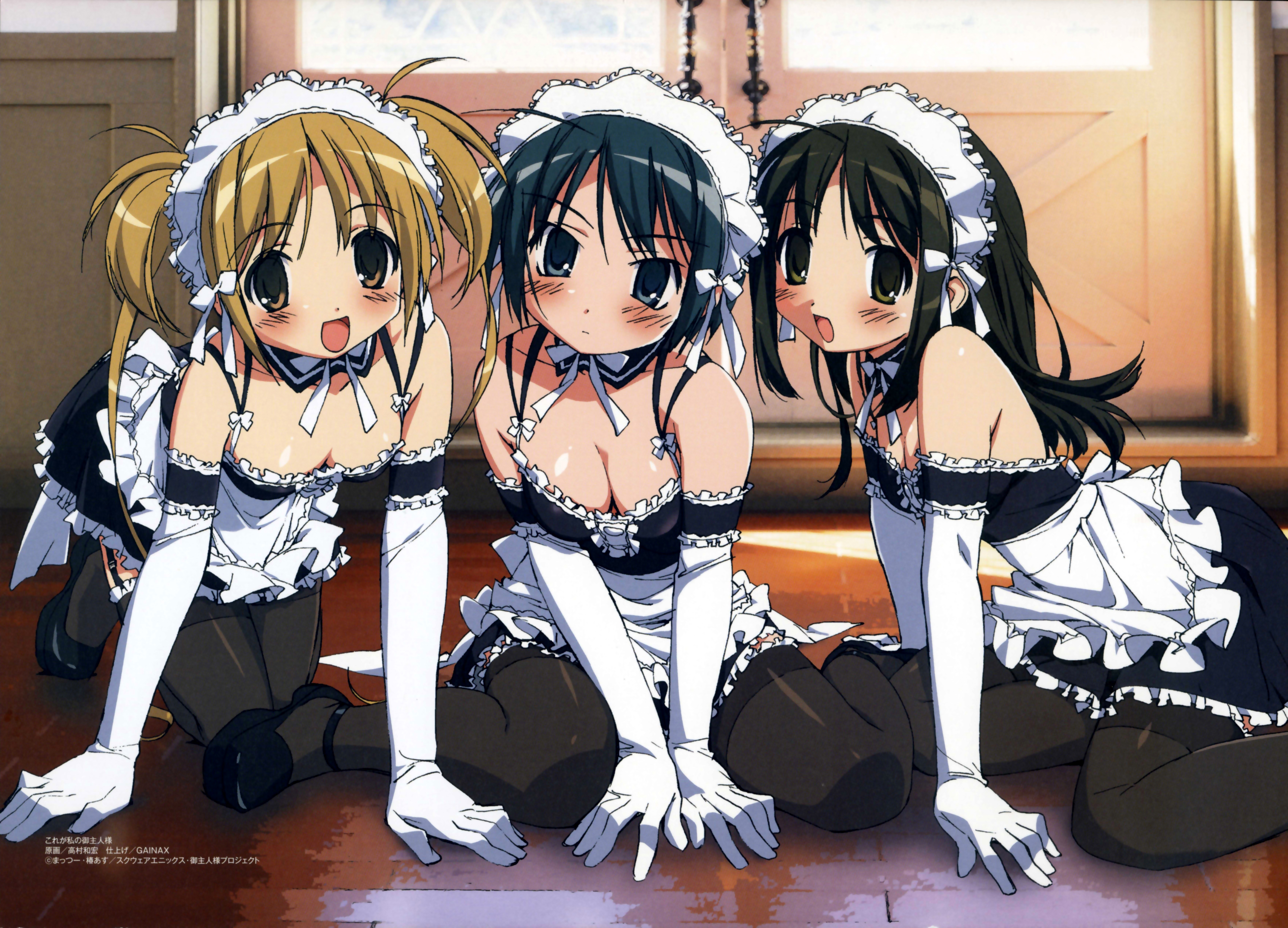 Anime 7004x5044 He is my Master anime girls maid Sawatari Izumi Sawatari Mitsuki Kurauchi Anna dark eyes black hair blue hair blonde maid outfit blushing