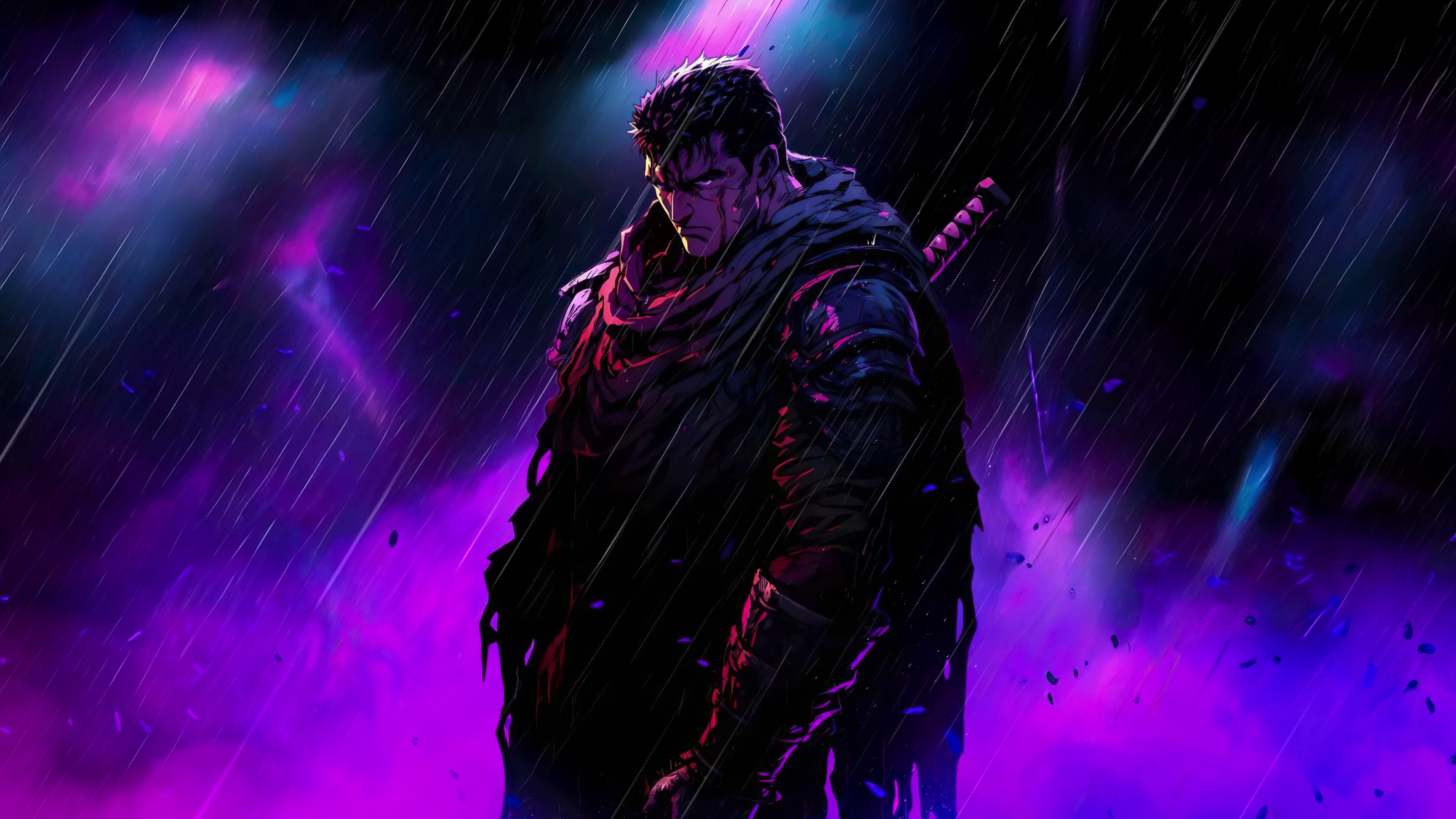 General 3840x2160 Berserk Guts rain pink blue digital art