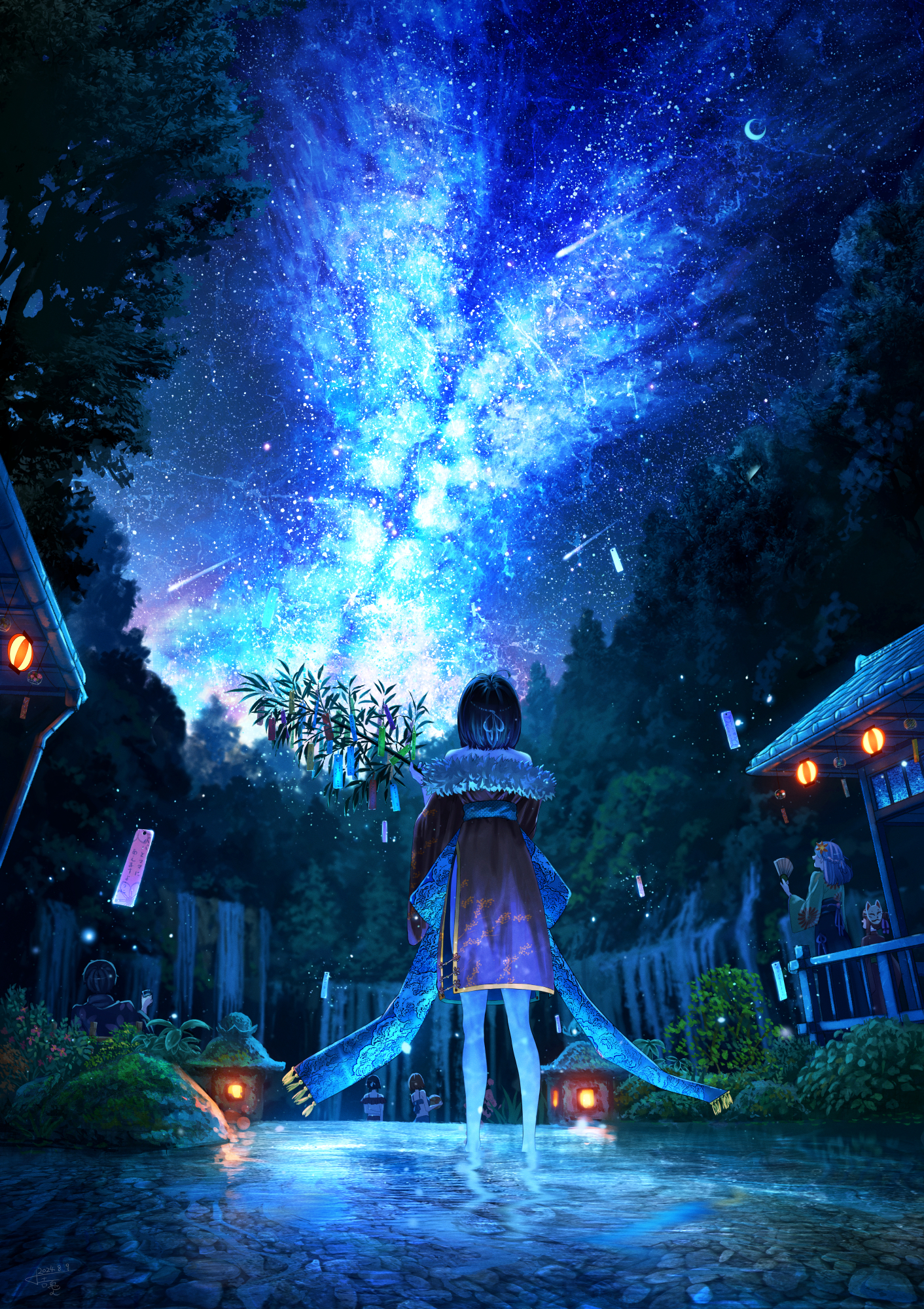 Anime 1412x2000 Shuu Illust anime girls group of women outdoors Milky Way crescent moon rear view starry night starred sky kimono shooting stars night standing looking up Moon trees sky signature night lanterns stars water leaves