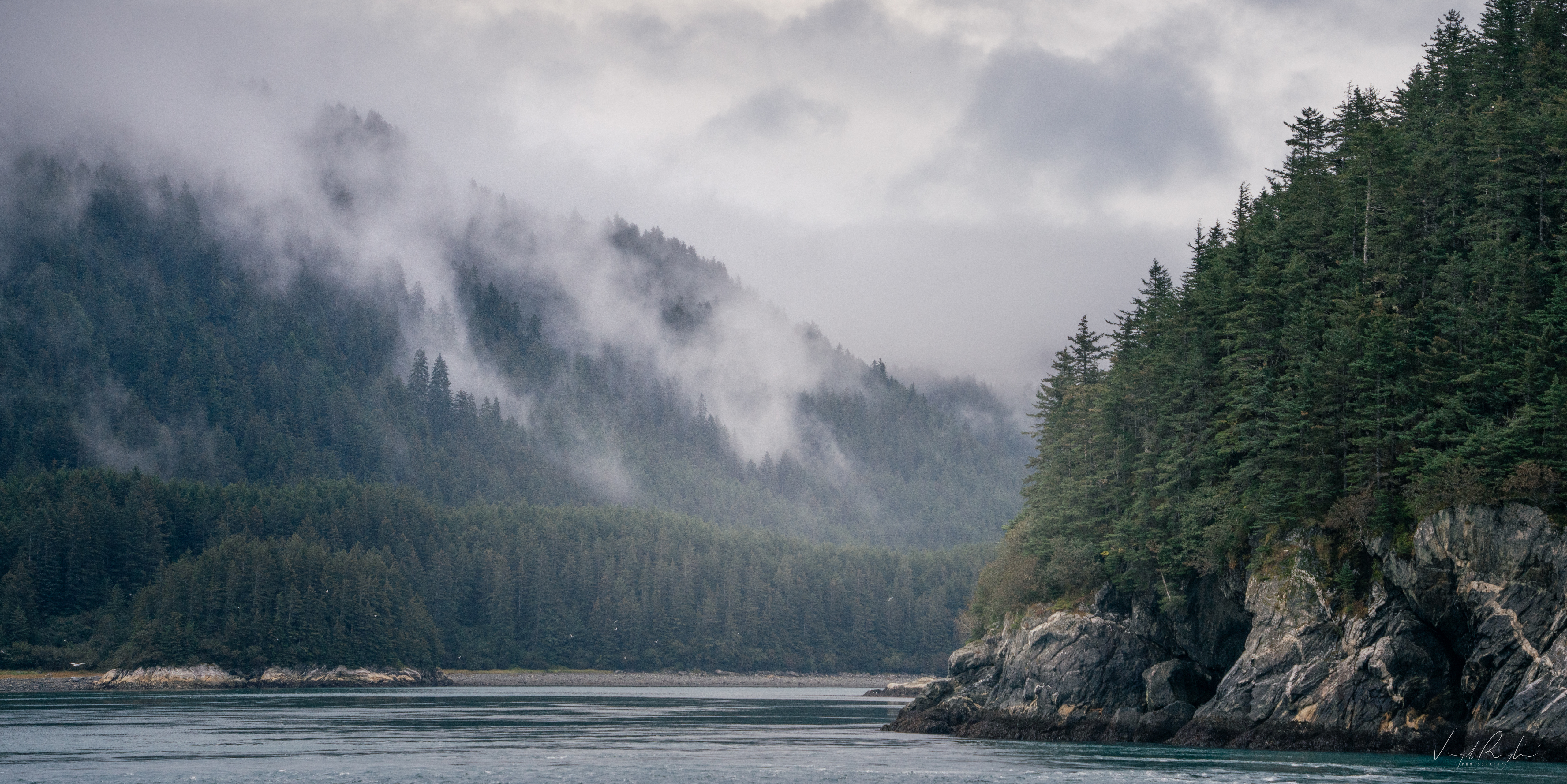 General 5120x2562 photography Virgil Reglioni nature sky environment landscape trees forest rocks mist fog river rock formation depth of field wilderness watermarked Alaska USA clouds