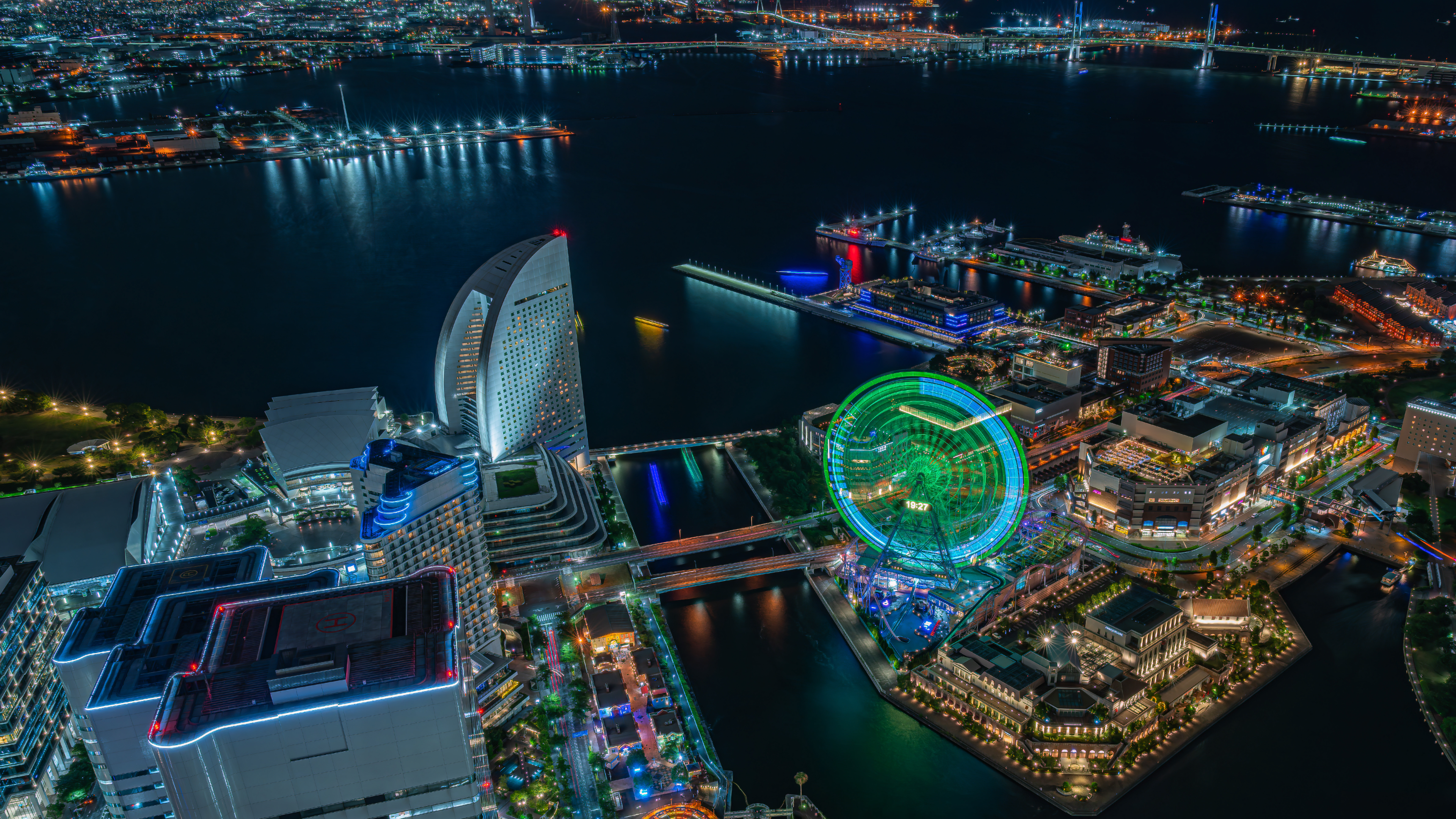 General 3840x2160 landscape city cityscape skyline urban night lights water trees pier long exposure far view drone photo aerial view ferris wheel Yokohama Japan