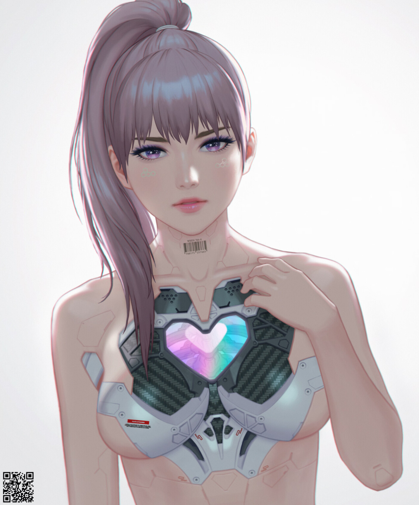 General 1404x1694 Hyung Woo Kim drawing androids ponytail purple eyes heart (design) portrait display digital art simple background QR code barcode women long hair looking at viewer boobs collarbone parted lips white background bright