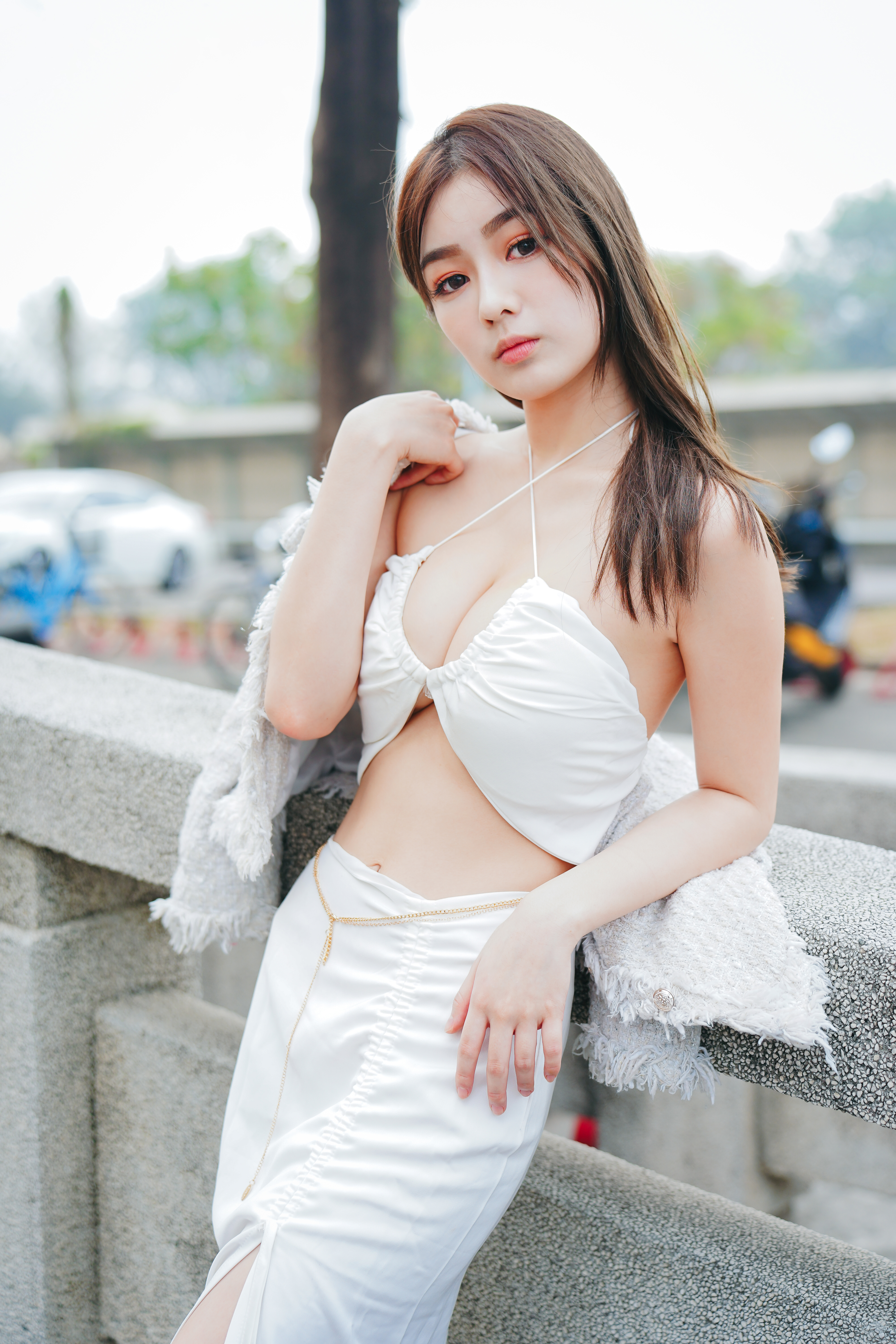 People 4000x6000 UMAX Boren women Asian makeup white clothing outdoors model brunette cleavage bare midriff women outdoors