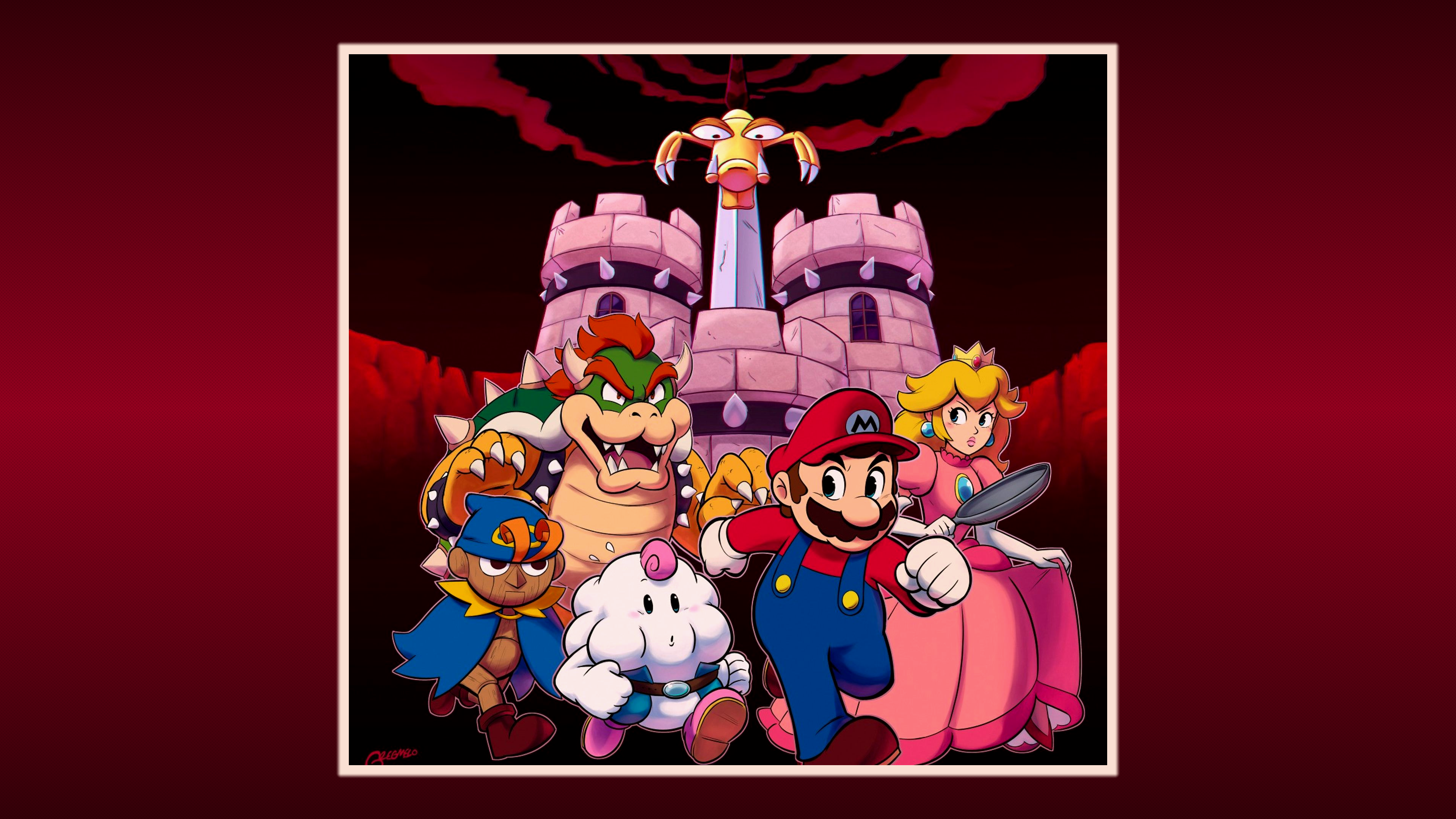 General 3840x2160 video game girls bangs super mario rpg Super Mario Mario Bros. Geno (Super Mario) Mallow (Super Mario) Pan castle Bowser Koopa white gloves dress turtle cape blue clothing suspenders red shirt hat fangs spikes redhead blonde moustache claws jewel jewelry crown simple background pink dress video games spike  LetItMelo video game characters
