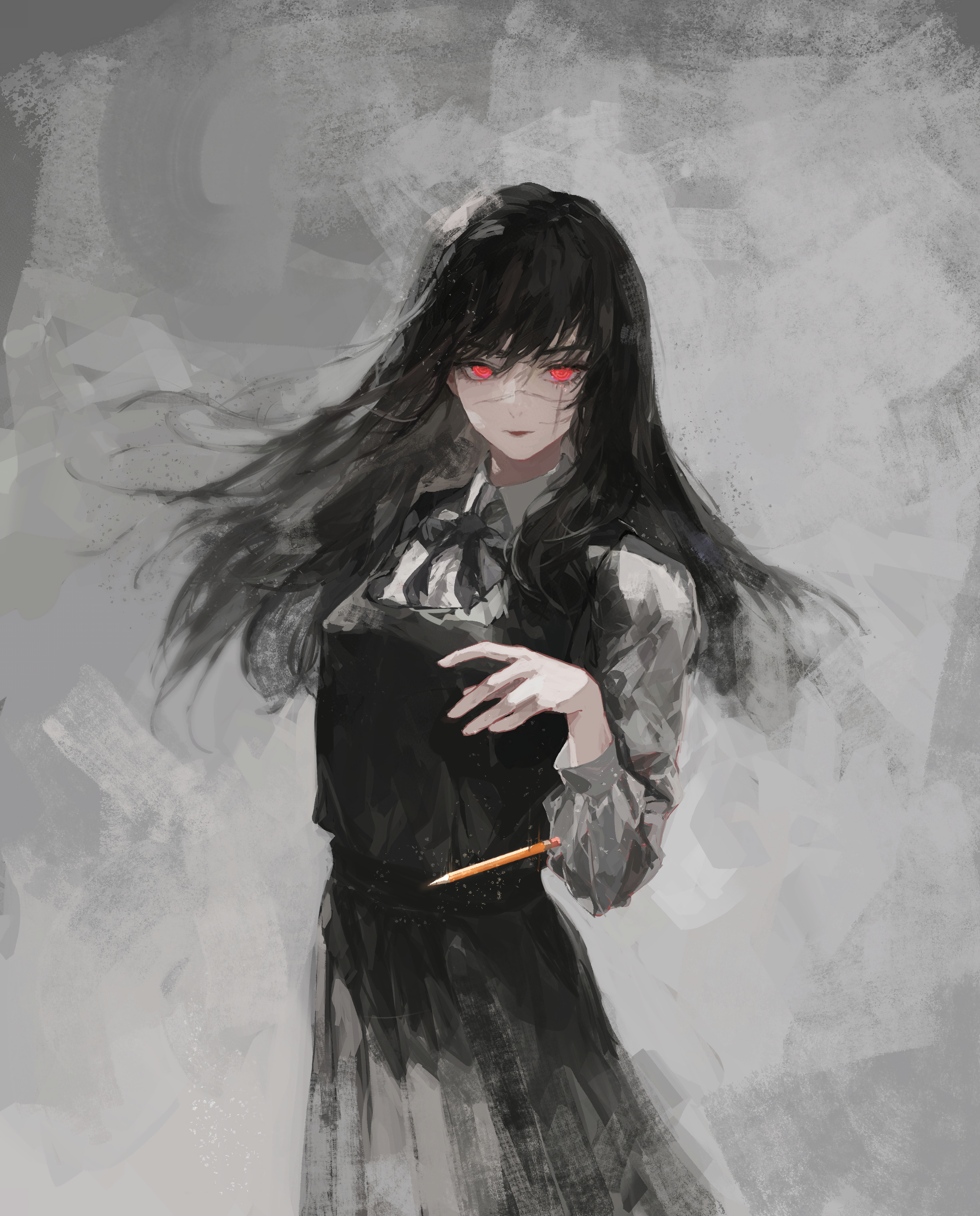 Anime 2786x3456 96yottea anime anime girls Chainsaw Man Mitaka Asa (Chainsaw Man) simple background scars gray background uniform schoolgirl school uniform looking at viewer standing closed mouth long sleeves black hair red eyes portrait display pencils