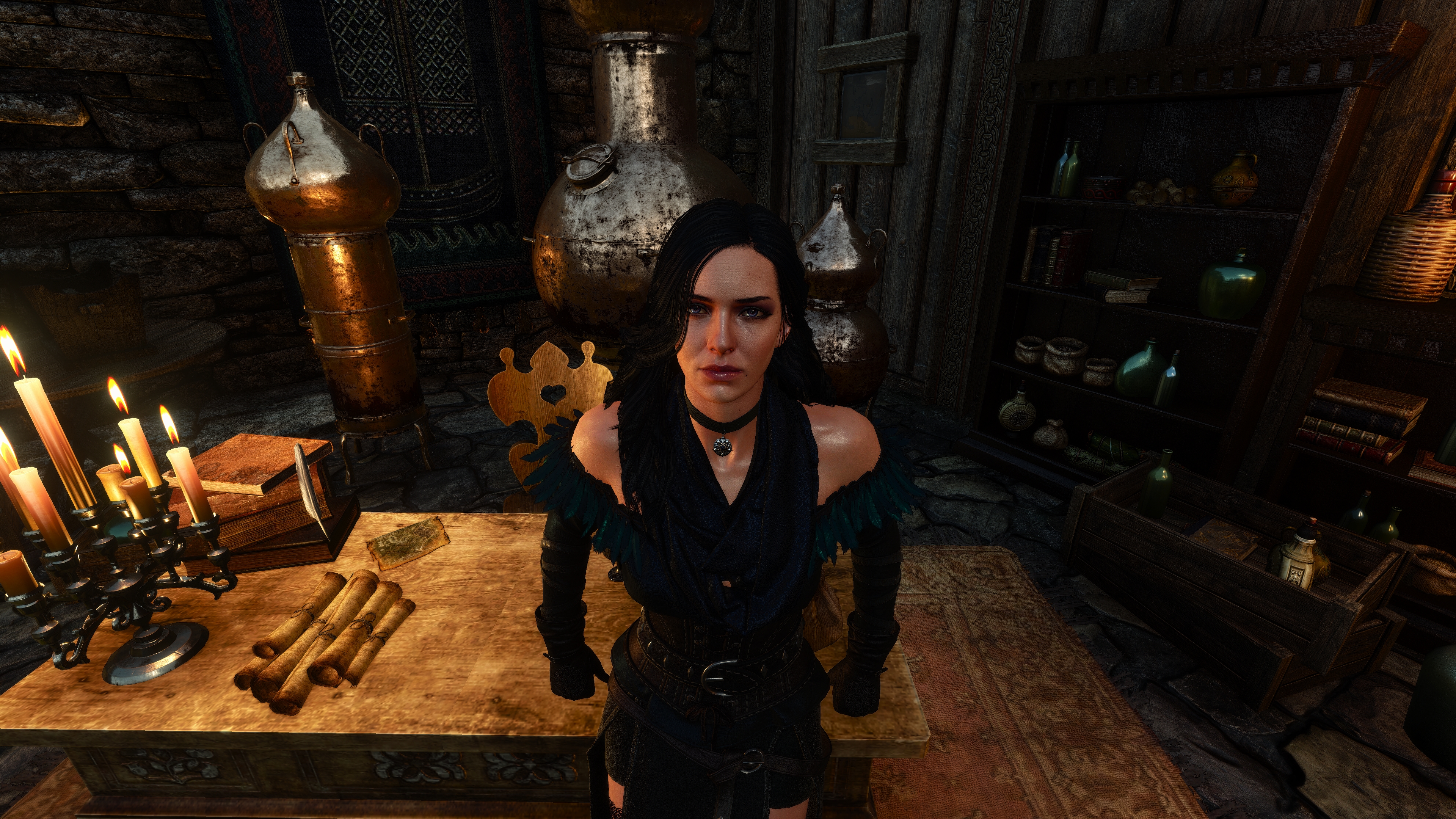 General 3840x2160 The Witcher 3: Wild Hunt screen shot PC gaming Yennefer of Vengerberg fire video game characters CGI video game art standing video game girls table video games black hair closed mouth carpet bare shoulders candles indoors women indoors