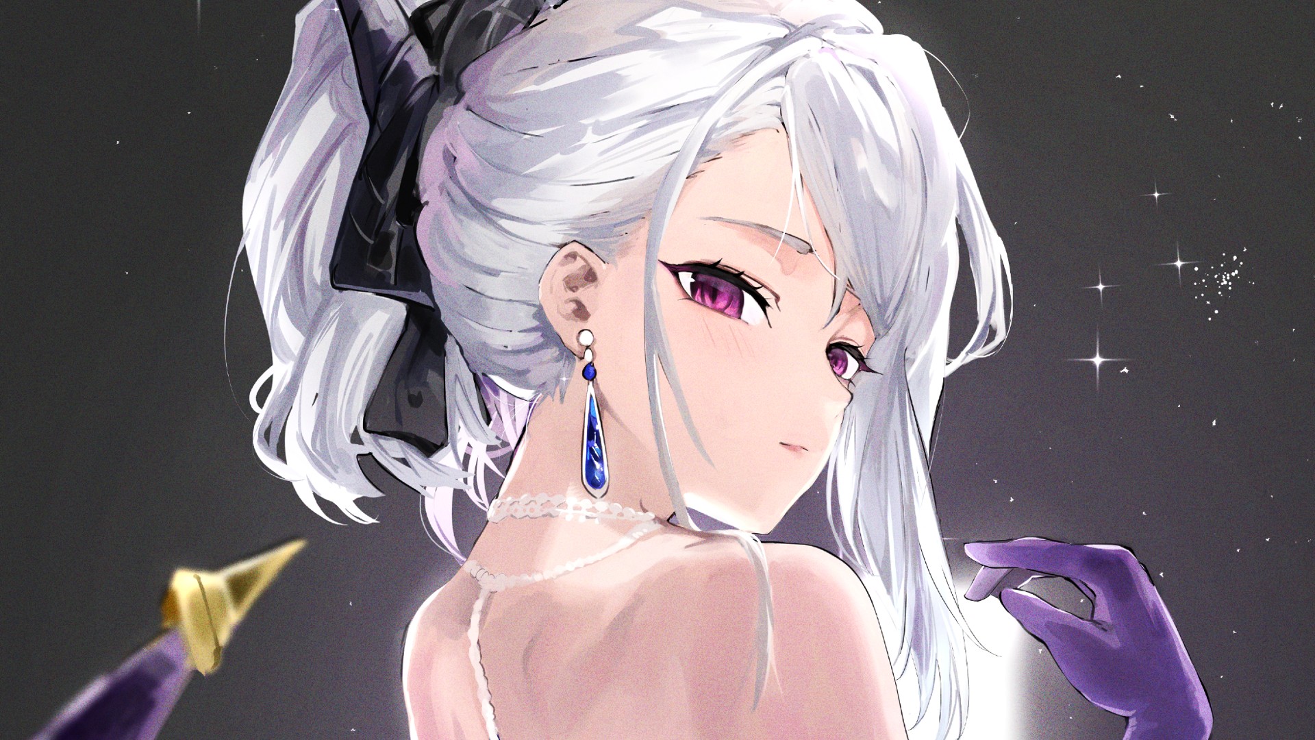Anime 1920x1080 silver hair purple gloves Sorasaki Hina (Blue Archive) Blue Archive anime girls gem earrings earring anime simple background looking at viewer long hair closed mouth sparkles gloves purple eyes looking over shoulder back