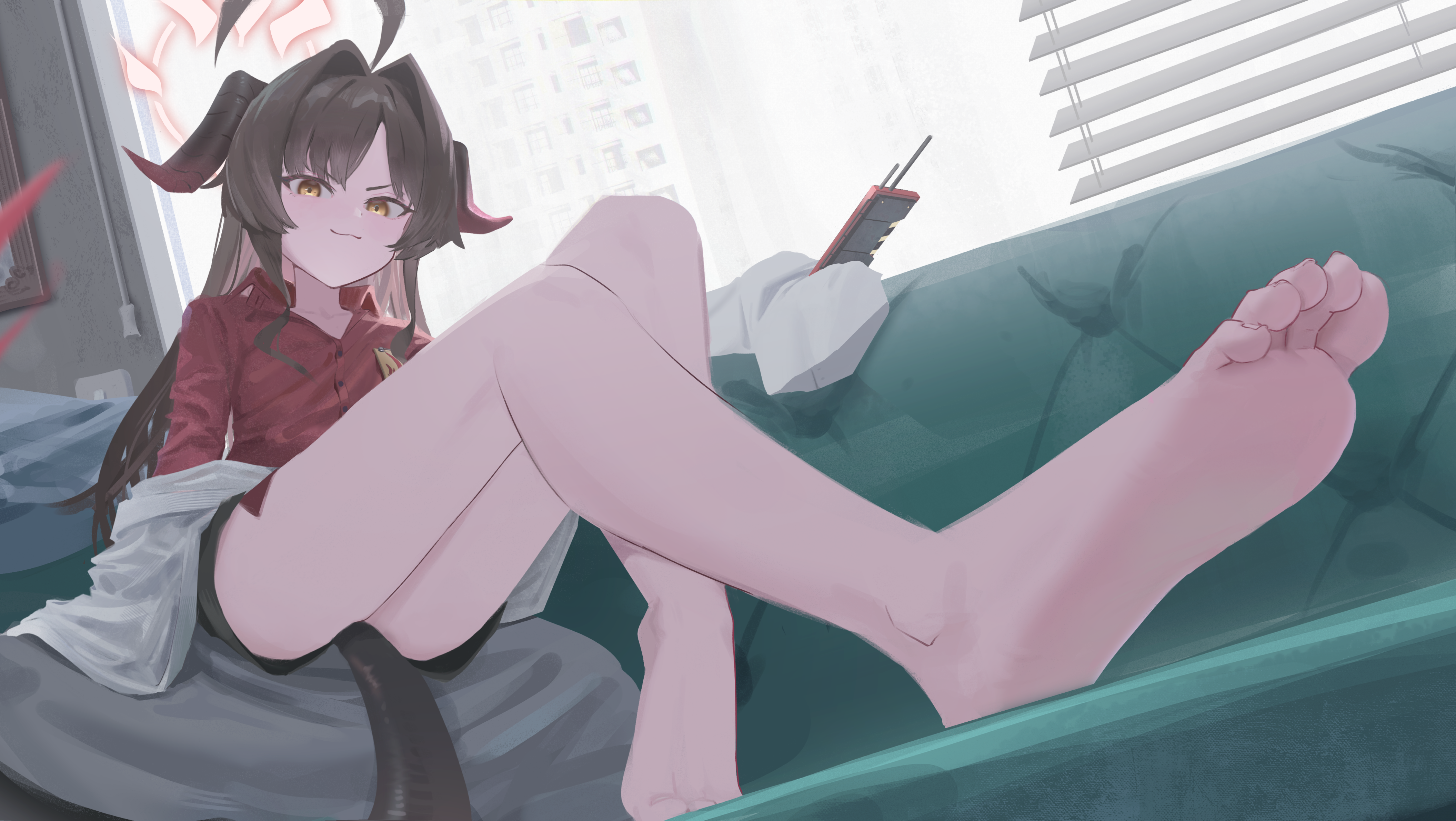 Anime 4223x2381 anime girls Blue Archive Kinugawa Kasumi (Blue Archive) yellow eyes brunette video game characters tail video game girls feet looking at viewer long hair women indoors sitting closed mouth smiling barefoot foot sole blinds horns ahoge bent legs pointed toes