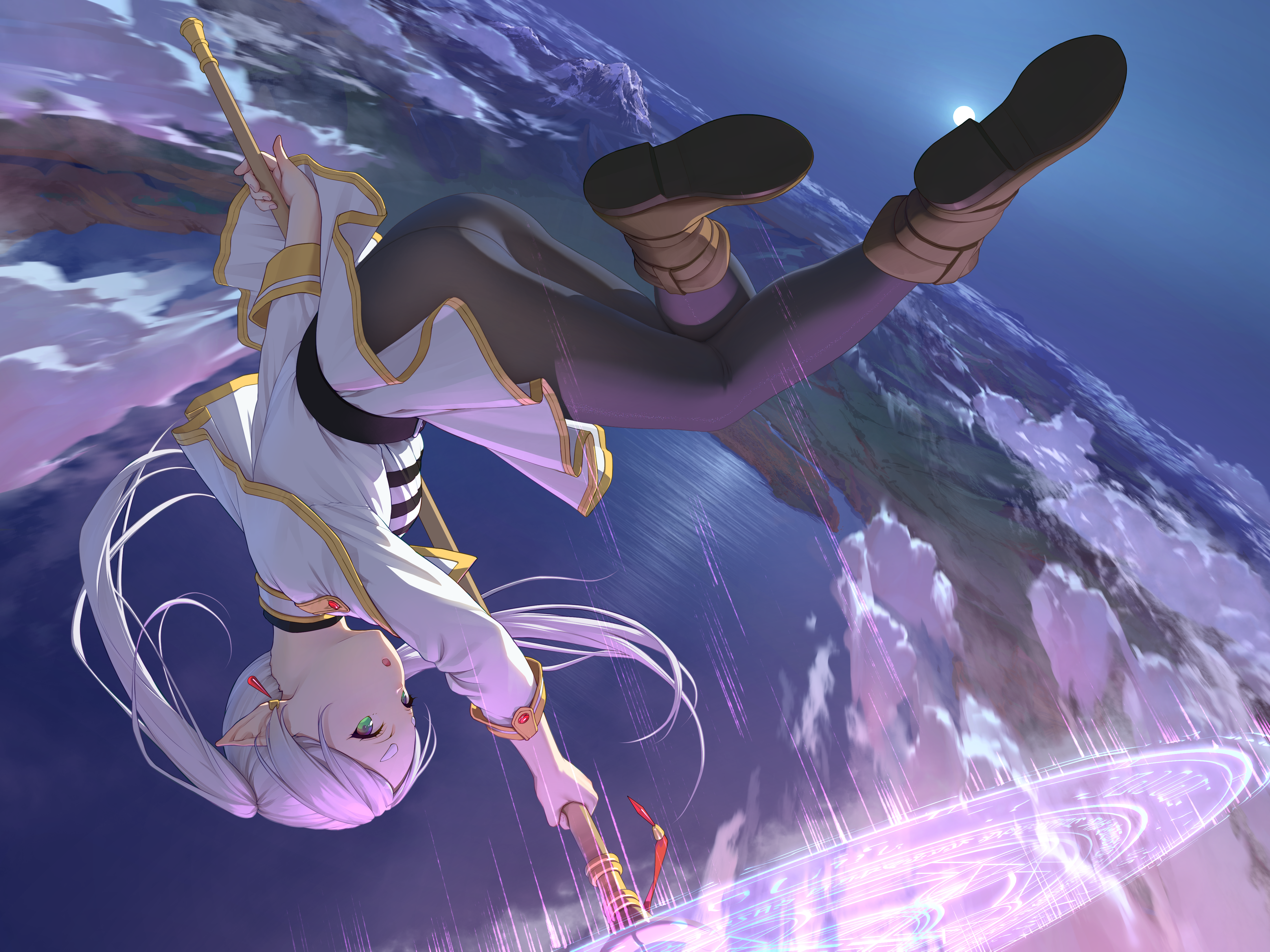 Anime 4500x3375 anime anime girls Sousou No Frieren Frieren Himitsu upside down shoe sole moonlight looking at viewer Moon pointy ears long hair twintails white hair gradient eyes clouds planet Earth sky staff open mouth