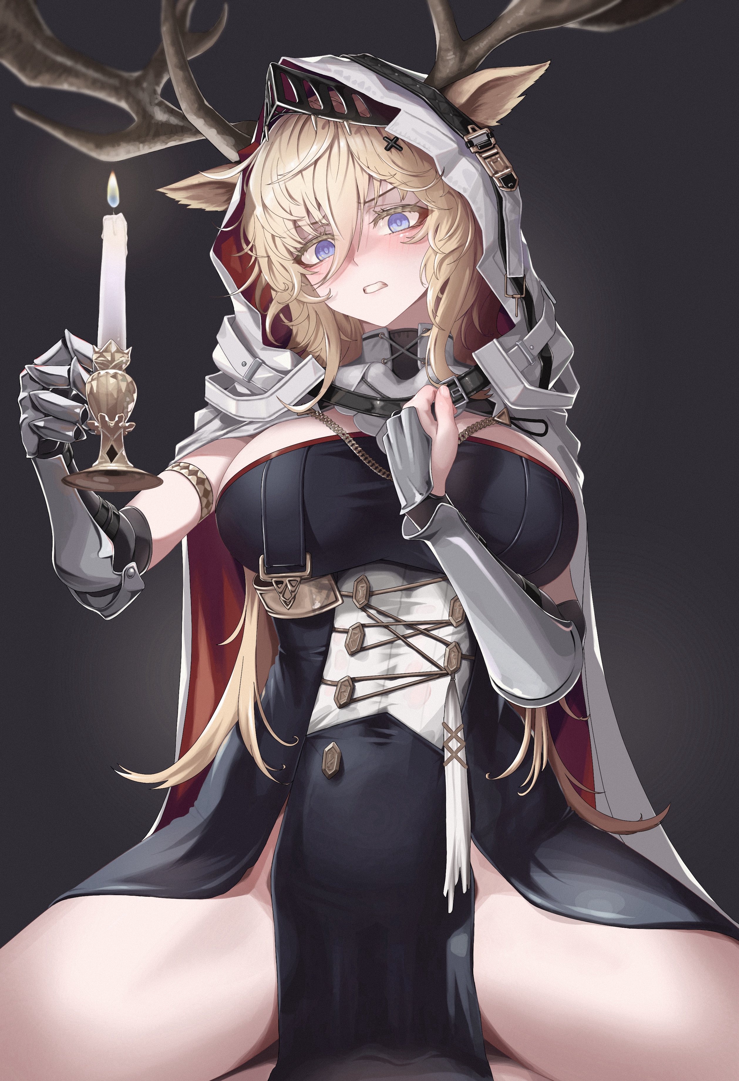 Anime 2517x3682 Arknights anime girls The Candle Knight Viviana (Arknights) MildT portrait display looking at viewer anime hair between eyes blonde blue eyes big boobs spread legs long hair simple background fire candles animal ears armor antlers legs thighs blushing