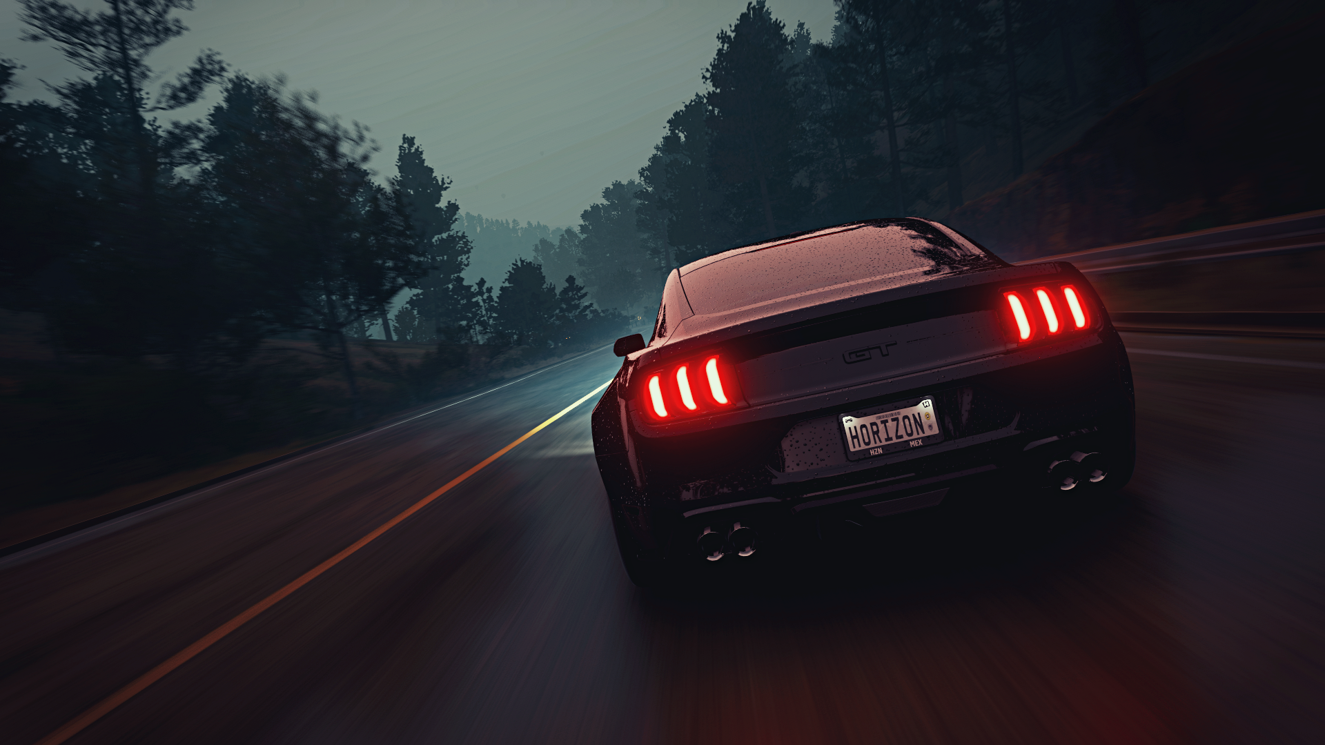 General 1920x1080 Forza Forza Horizon 5 blue red car Ford DeBerti Design Ford Mustang road digital art muscle cars pony cars American cars PlaygroundGames dark video games trees video game art rear view licence plates taillights driving motion blur blurred vehicle