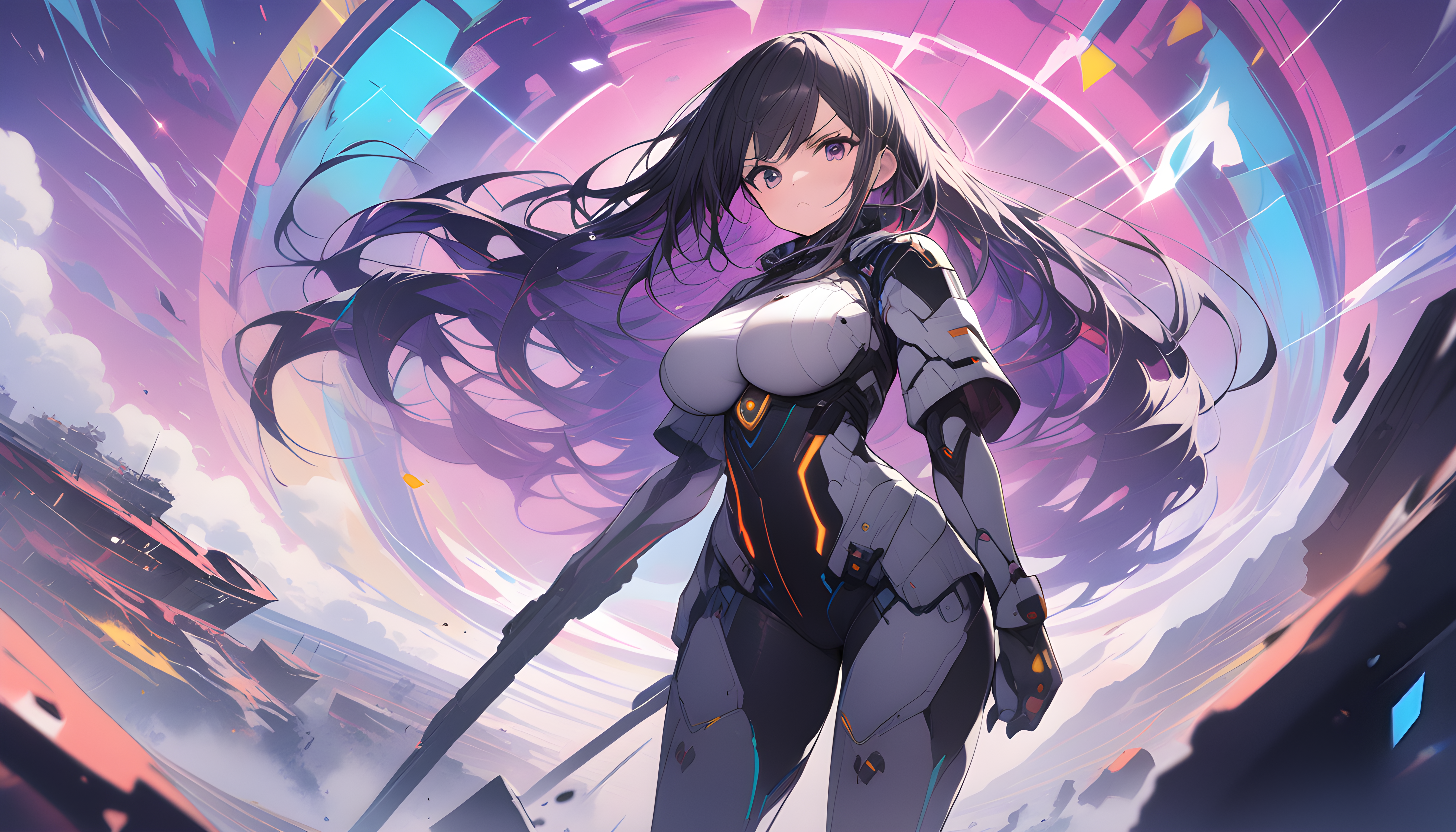 Anime 5376x3072 AI art anime girls futuristic armor battle big boobs long hair looking at viewer frown standing purple hair purple eyes closed mouth bright women outdoors