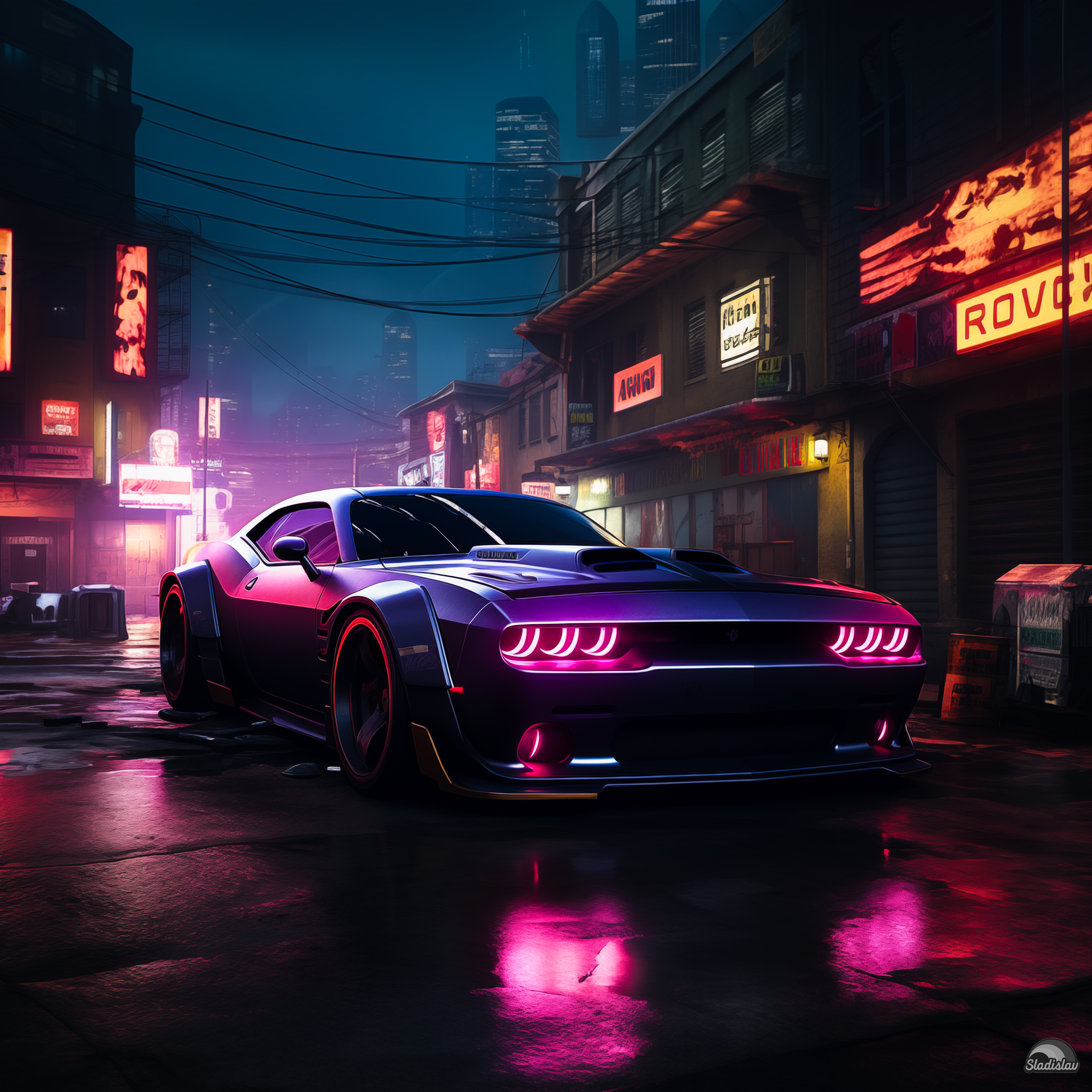 General 4096x4096 AI art Dodge Challenger cyberpunk vehicle frontal view headlights building night sky city lights watermarked car sign city cables neon wet wet road depth of field