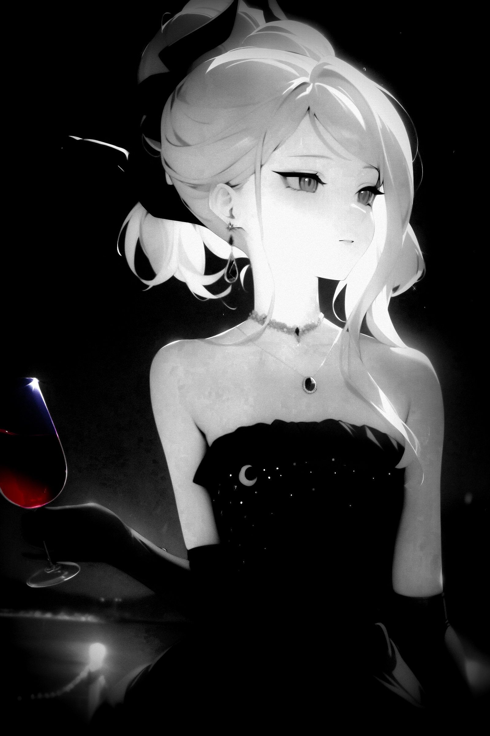 Anime 1600x2400 anime girls dress monochrome long hair Sorasaki Hina (Blue Archive) wine portrait display Blue Archive Paradoxfist looking away wine glass bare shoulders gloves elbow gloves parted lips earring collarbone horns simple background