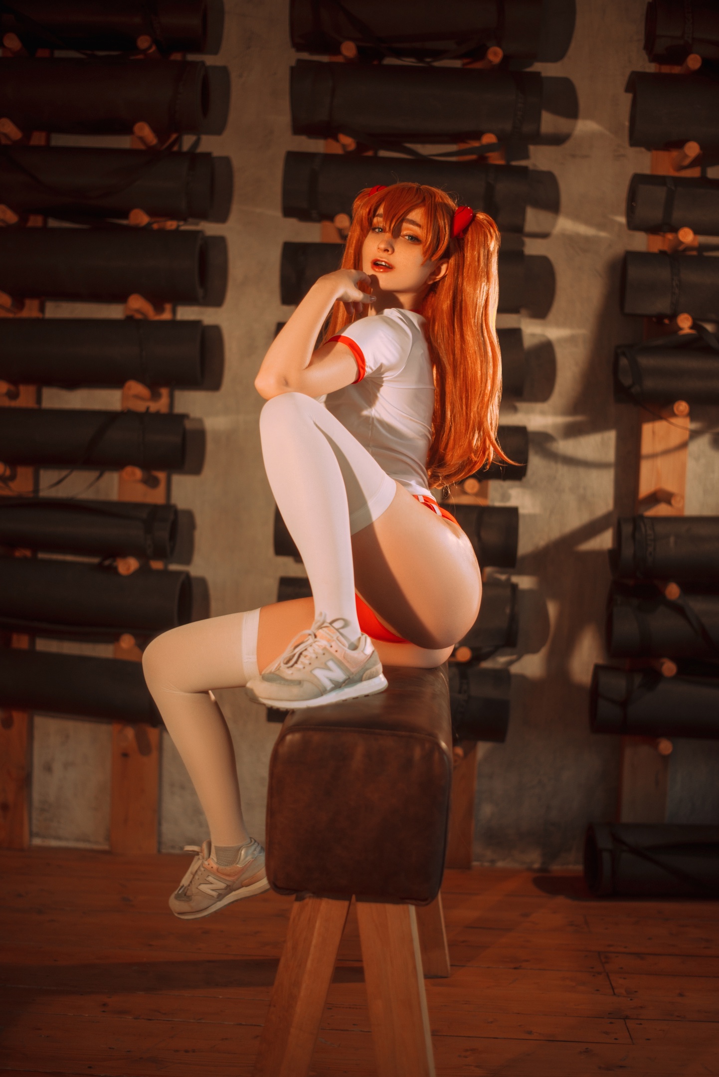 People 1442x2160 Hologana cosplay Asuka Langley Soryu ass Neon Genesis Evangelion anime girls women redhead shorts thigh-highs short shorts white stockings sneakers women indoors T-shirt freckles sportswear gyms wooden surface model