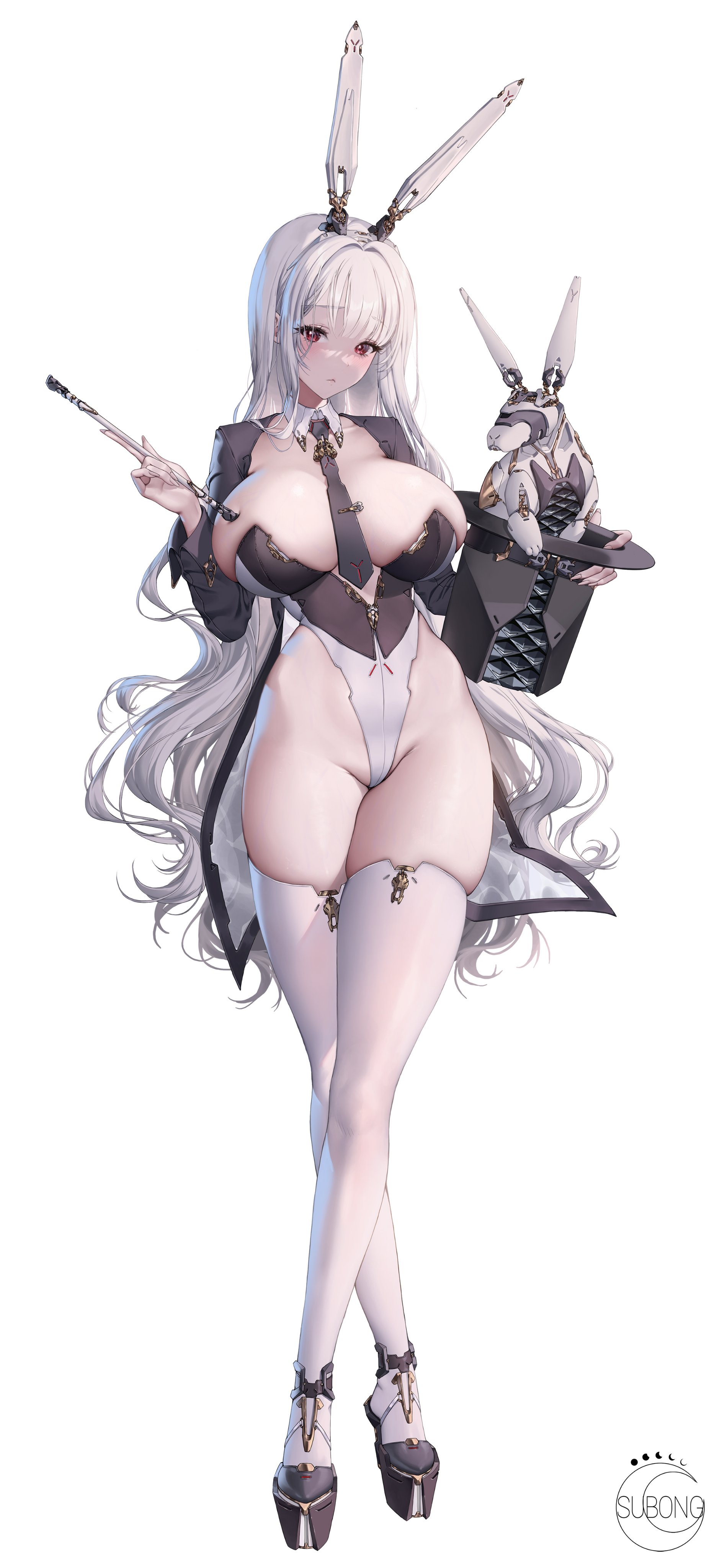 Anime 1899x4096 anime girls white hair animal ears red eyes leotard looking at viewer hat item between boobs bunny girl bunny suit thighs simple background Subong white background closed mouth wands long hair huge breasts bunny ears stockings cape white stockings necktie blushing magician robot thighs together standing skindentation long sleeves