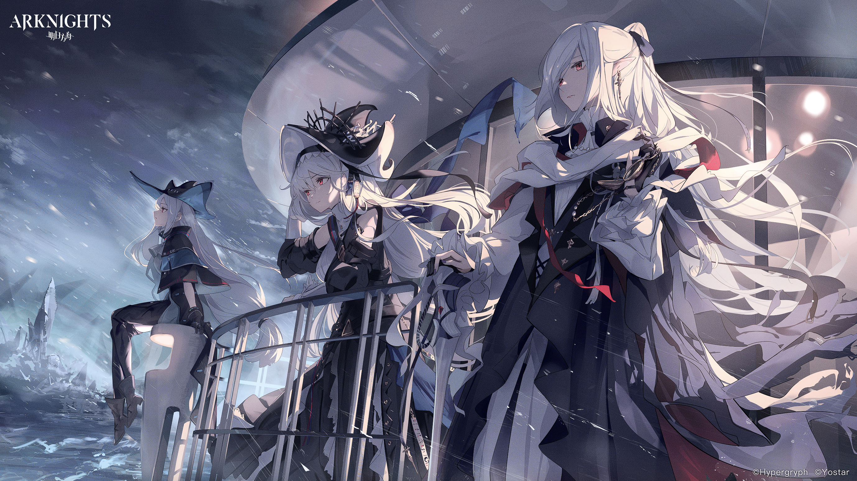 Anime 2756x1548 Arknights Mobile Game snow anime girls white hair looking away Gladiia (Arknights) water Specter (Arknights) boat Skadi (Arknights) dress women trio red eyes Kodamazon long hair hair between eyes anime pointy ears sitting anime games waves watermarked boots women with hats hat black nails Yostar title