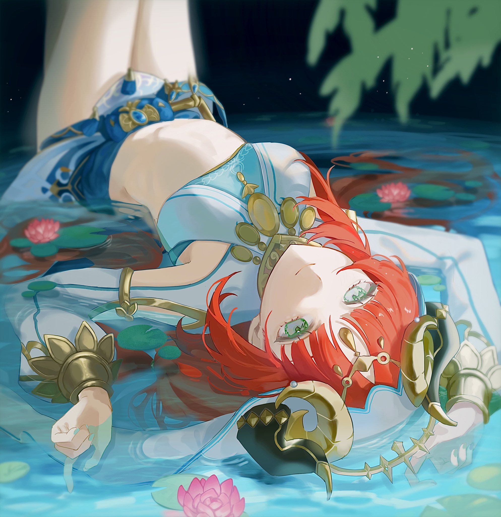 Anime 1988x2048 Genshin Impact flowers portrait display long hair Nilou (Genshin Impact) water lying on back upside down Sushi Gnsn looking at viewer horns aqua eyes pink flowers blunt bangs smiling closed mouth gems depth of field jewelry lying down redhead thighs together veils bare midriff crop top anime girls shallow water