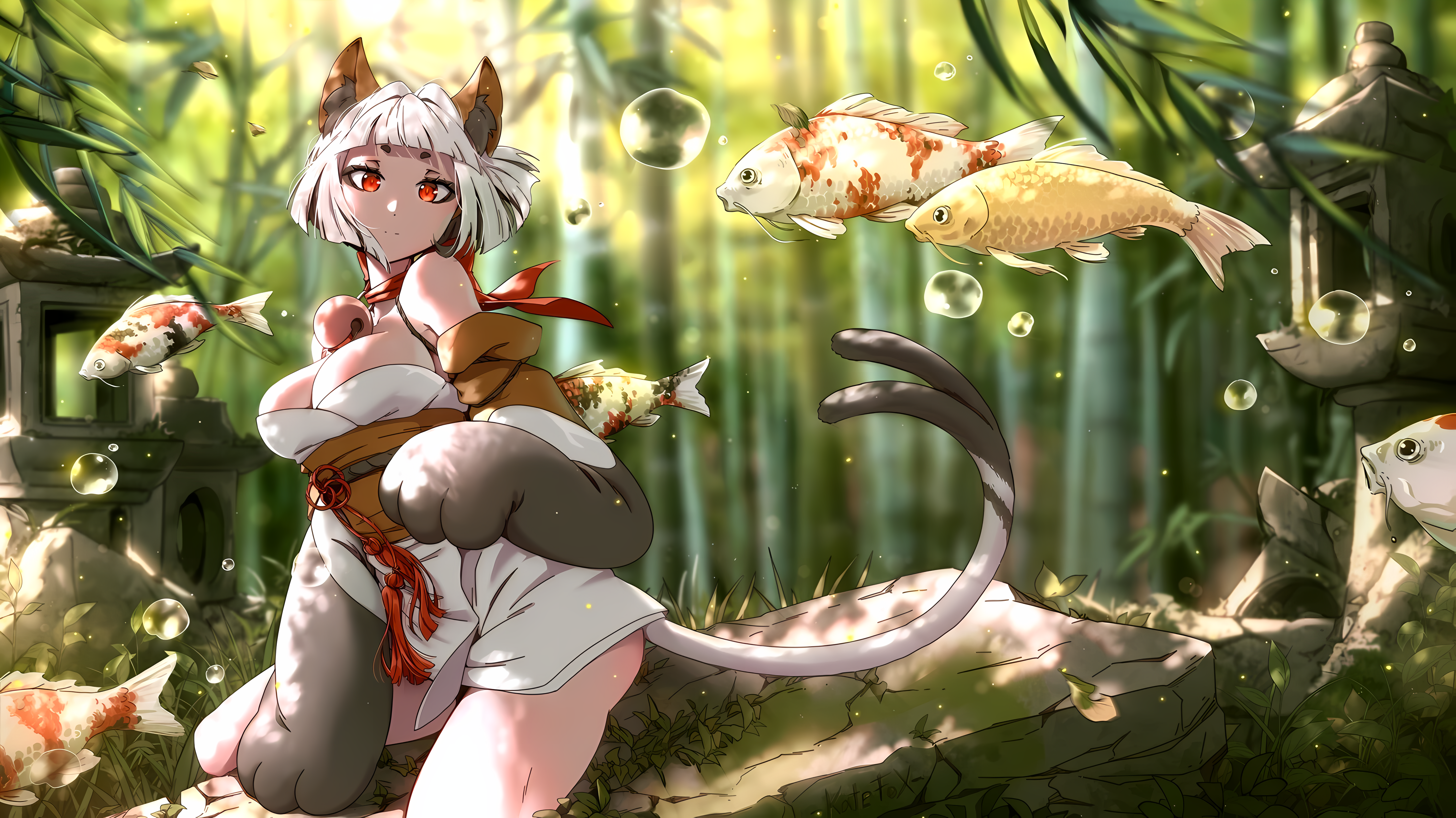 Anime 4496x2528 Kate-FoX cat girl cat ears fish koi fish carp tail red eyes paws looking at viewer big boobs white hair Japanese clothes sash sunlight animals bangs bare shoulders short hair closed mouth thick eyebrows bamboo tassels swimming leaves anime girls