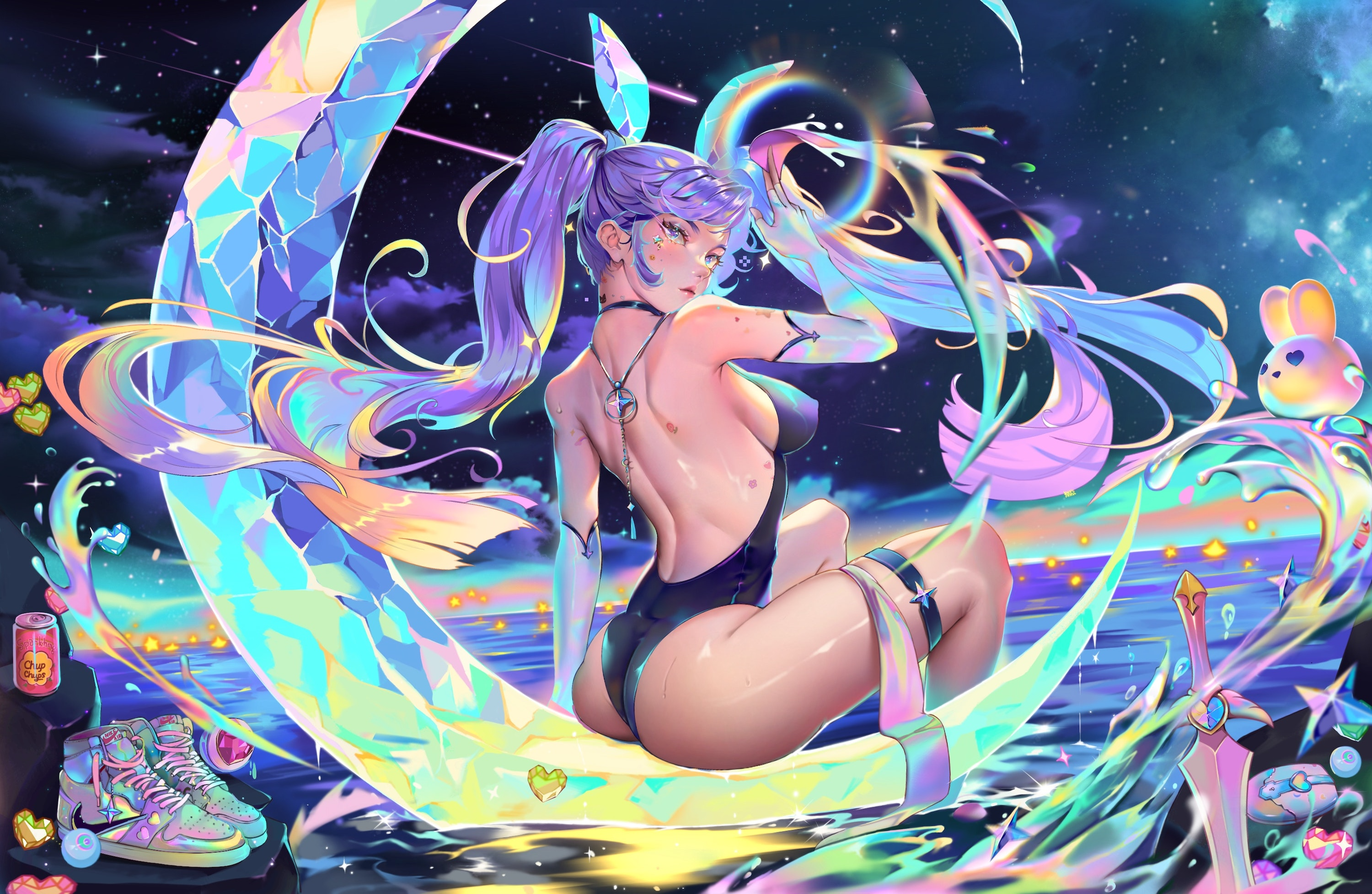 Anime 3000x1955 Eyegirl digital art artwork illustration anime anime girls women sitting Moon long hair blue hair sea water stars clouds ass bunny ears looking back swimwear sword sneakers looking at viewer sideboob crescent moon arched back leg ring skindentation ponytail multi-colored hair can heart (design) colorful elbow gloves gloves big boobs parted lips sky night backless