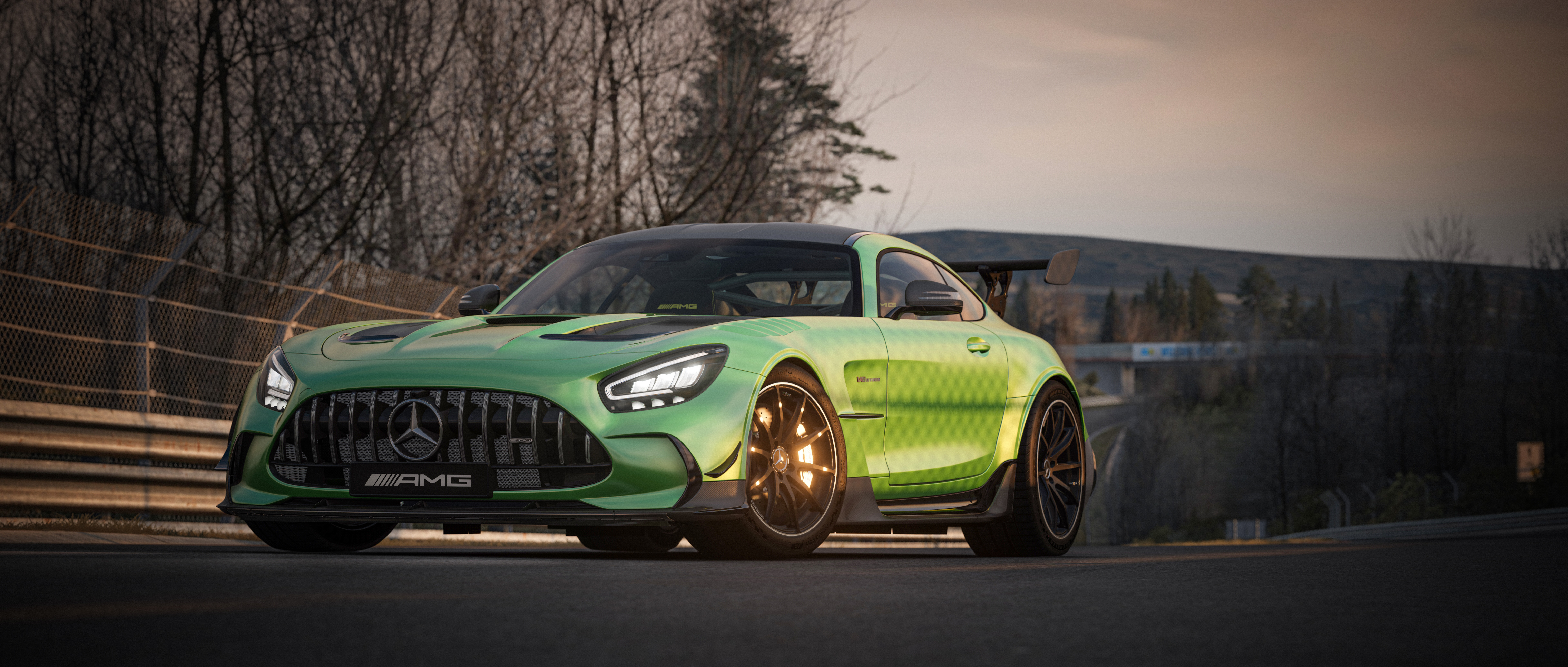 General 7680x3269 AMG GT Nurburgring Assetto Corsa car PC gaming vehicle frontal view headlights video game art screen shot video games fence CGI sky sunlight