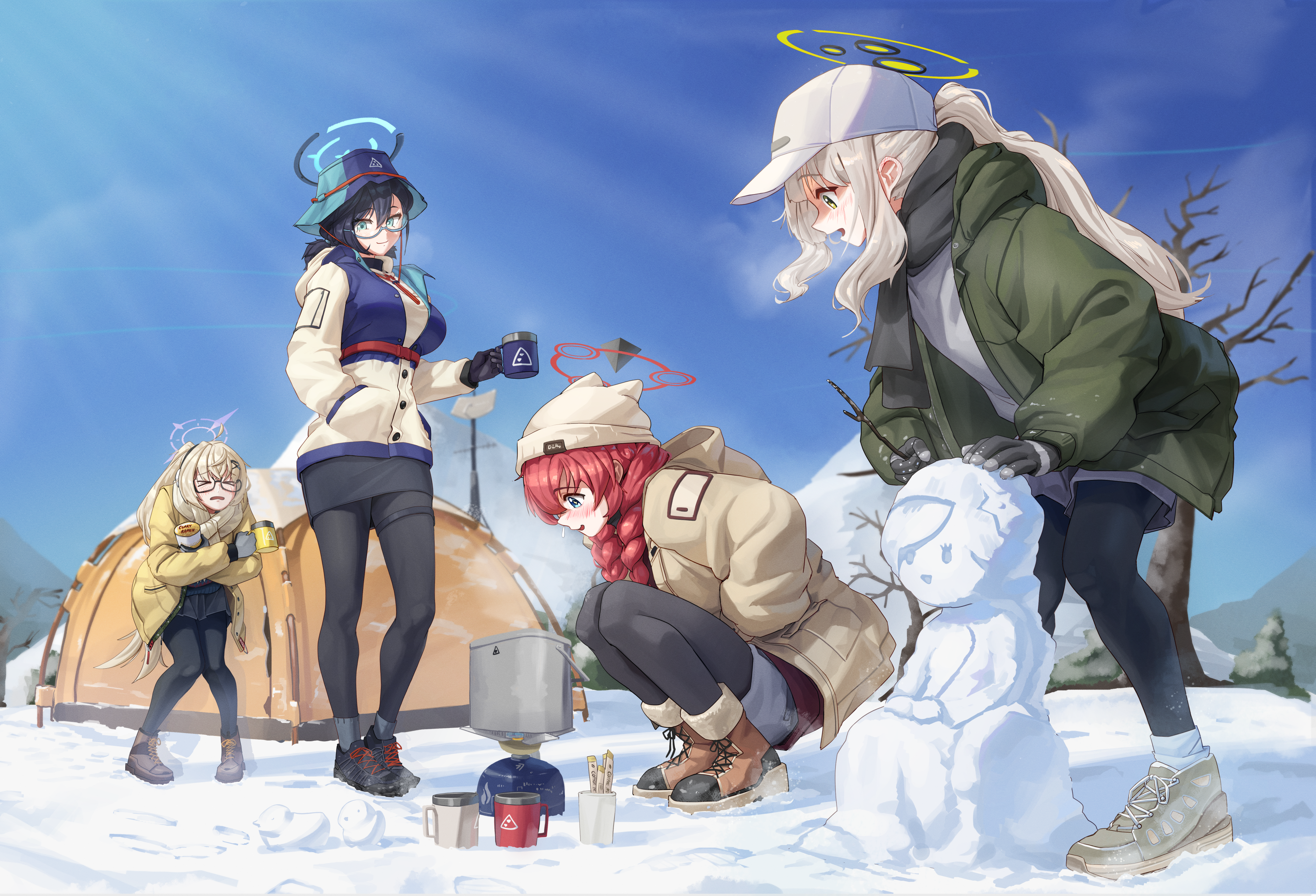 Anime 3878x2640 Blue Archive squatting group of women smiling Kagami Chihiro snowman Konuri Maki Otose Kotama women quartet pantyhose women outdoors beanie open mouth long hair jacket scarf sky long sleeves ponytail snow clouds hat Roro (artist) twintails drink food tent hoods camp shorts glasses gloves cup Omagari Hare (Blue Archive) hair between eyes anime anime girls sunlight