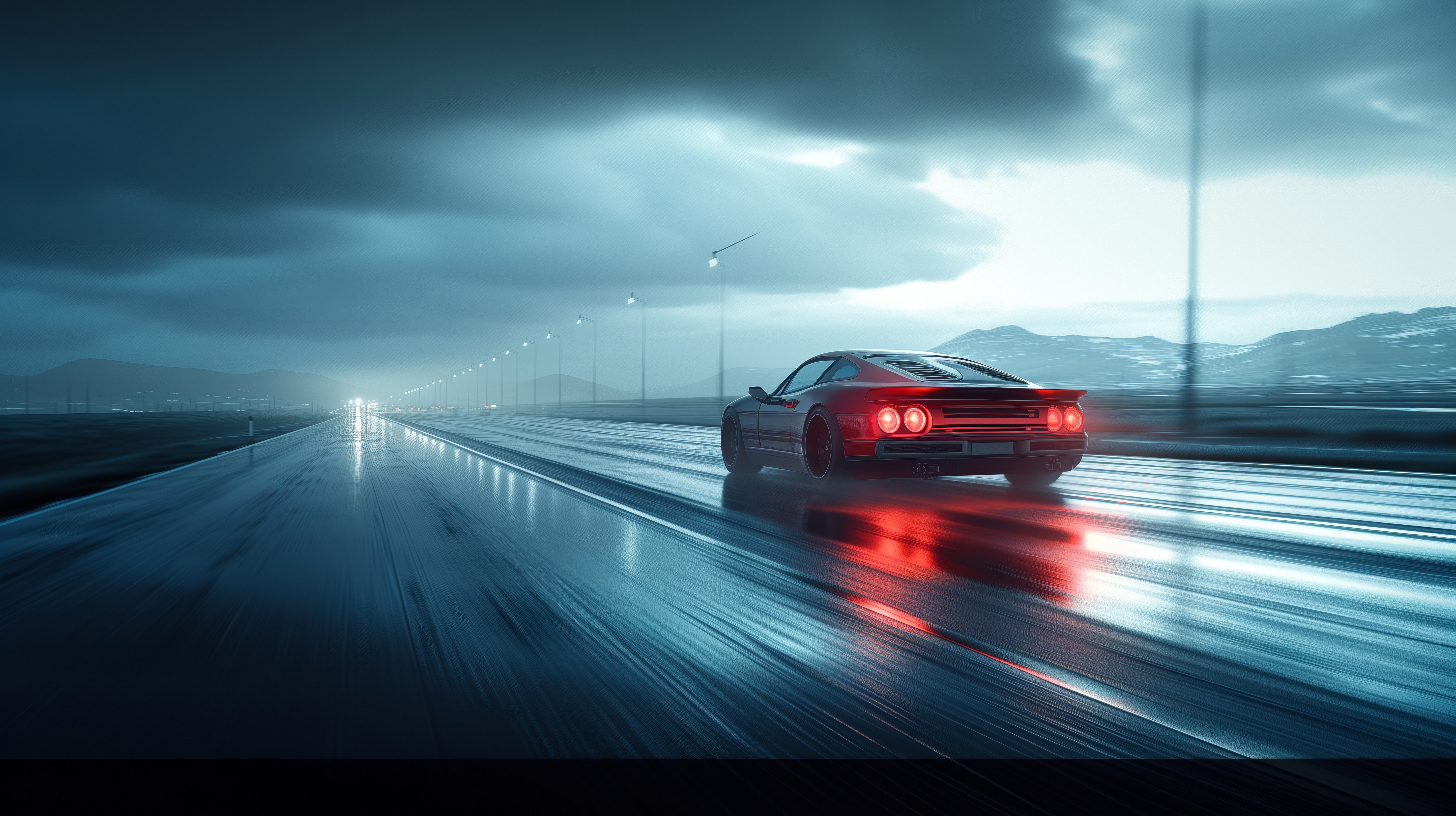 General 5824x3264 AI art clouds driving sports car highway motion blur taillights rear view vehicle road sky blurred street light