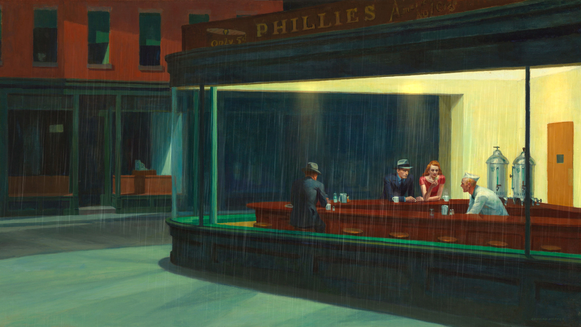 General 1920x1080 night diner rain digital art Edward Hopper Nighthawks sitting hat men with hats stools men women suit and tie short sleeves long sleeves building sidewalks