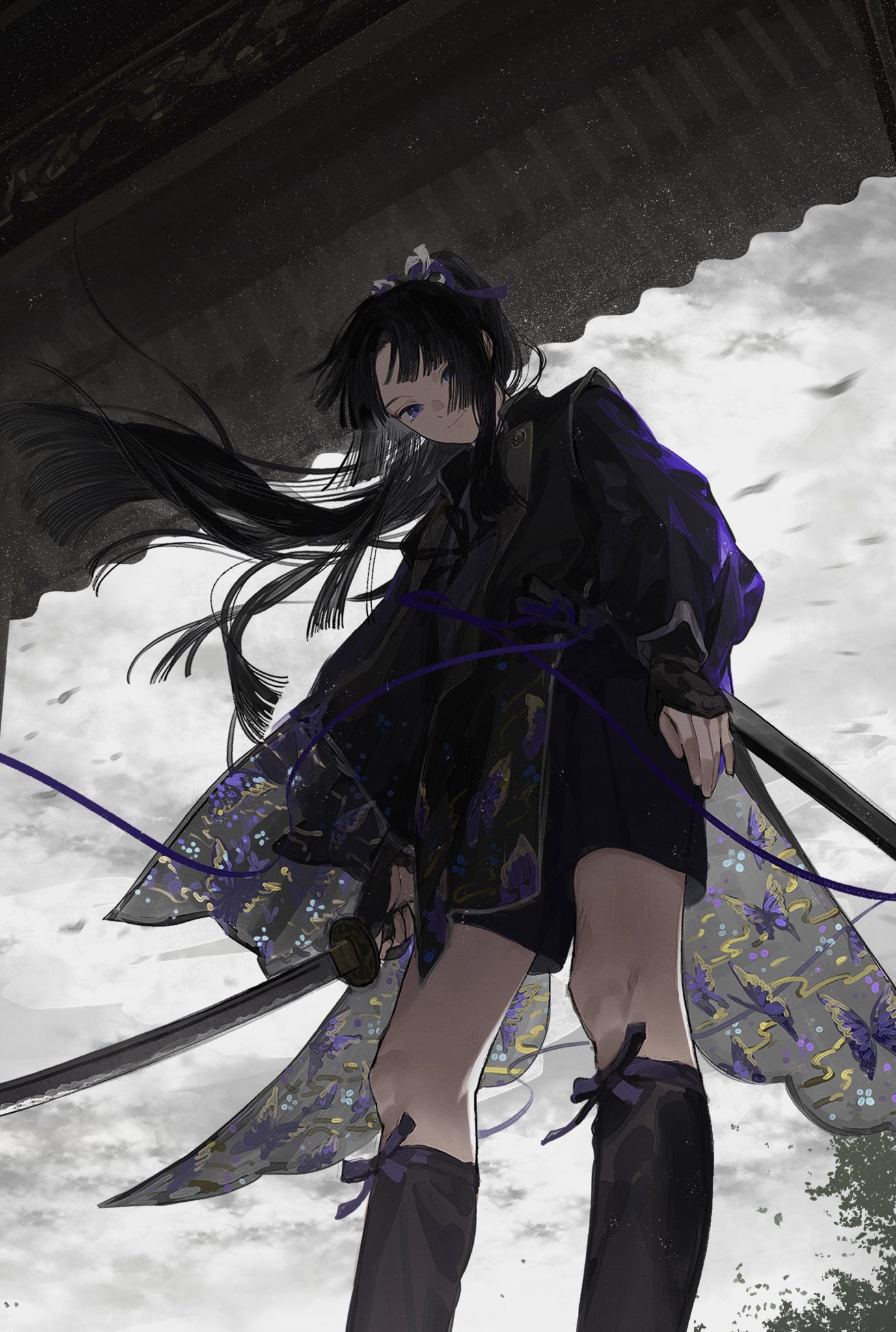 Anime 1377x2048 Kazari Tayu anime katana portrait display looking at viewer standing closed mouth long hair black hair purple eyes sky women with swords kimono anime girls ponytail overcast clouds wind legs hair blowing in the wind