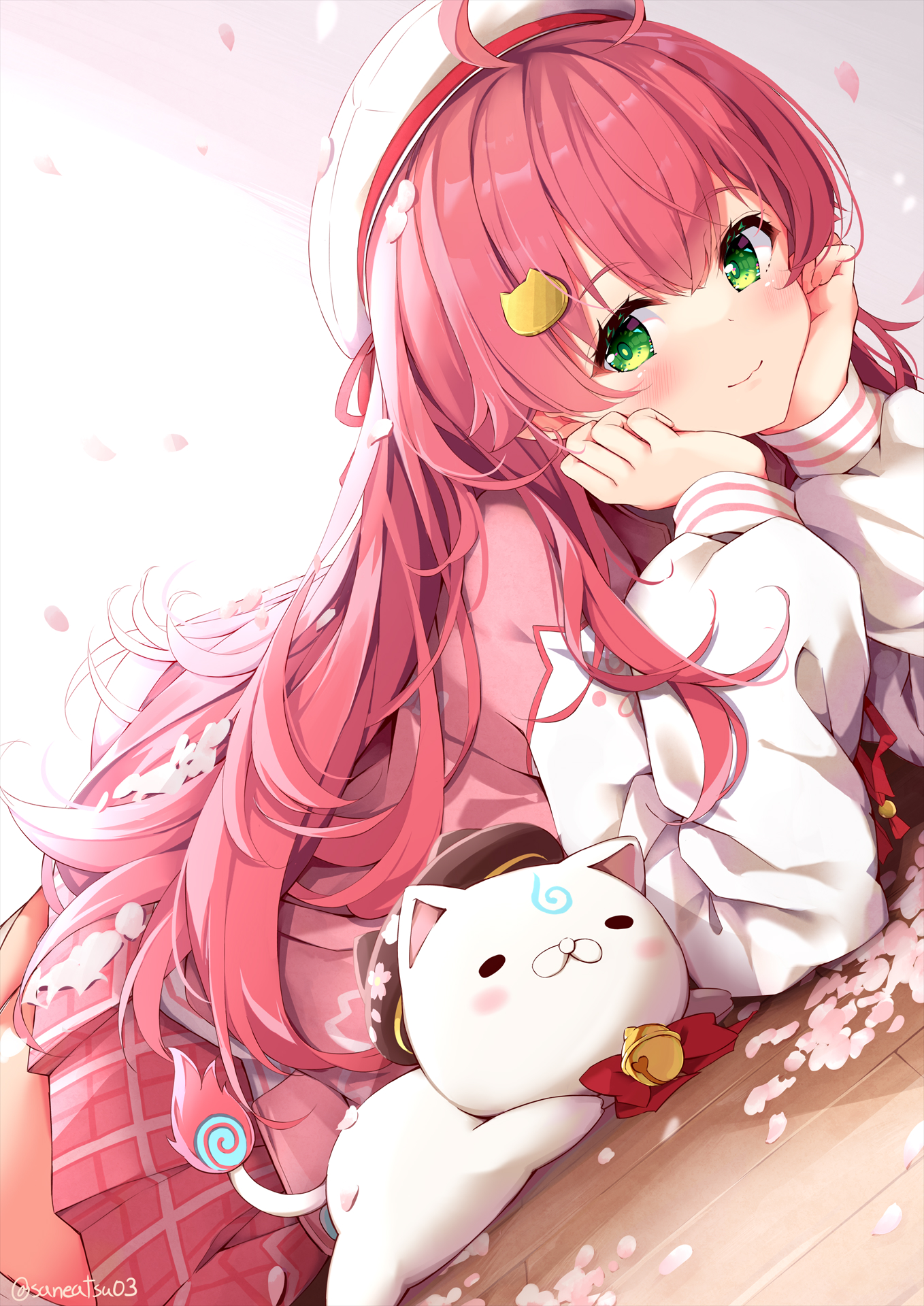 Anime 1358x1920 Hololive Sakura Miko anime blushing Virtual Youtuber long hair anime girls resting head simple background Pixiv white background smiling looking at viewer bright lying down lying on front pink hair green eyes long sleeves watermarked petals hair between eyes closed mouth ahoge hat women with hats portrait display skirt niwasane