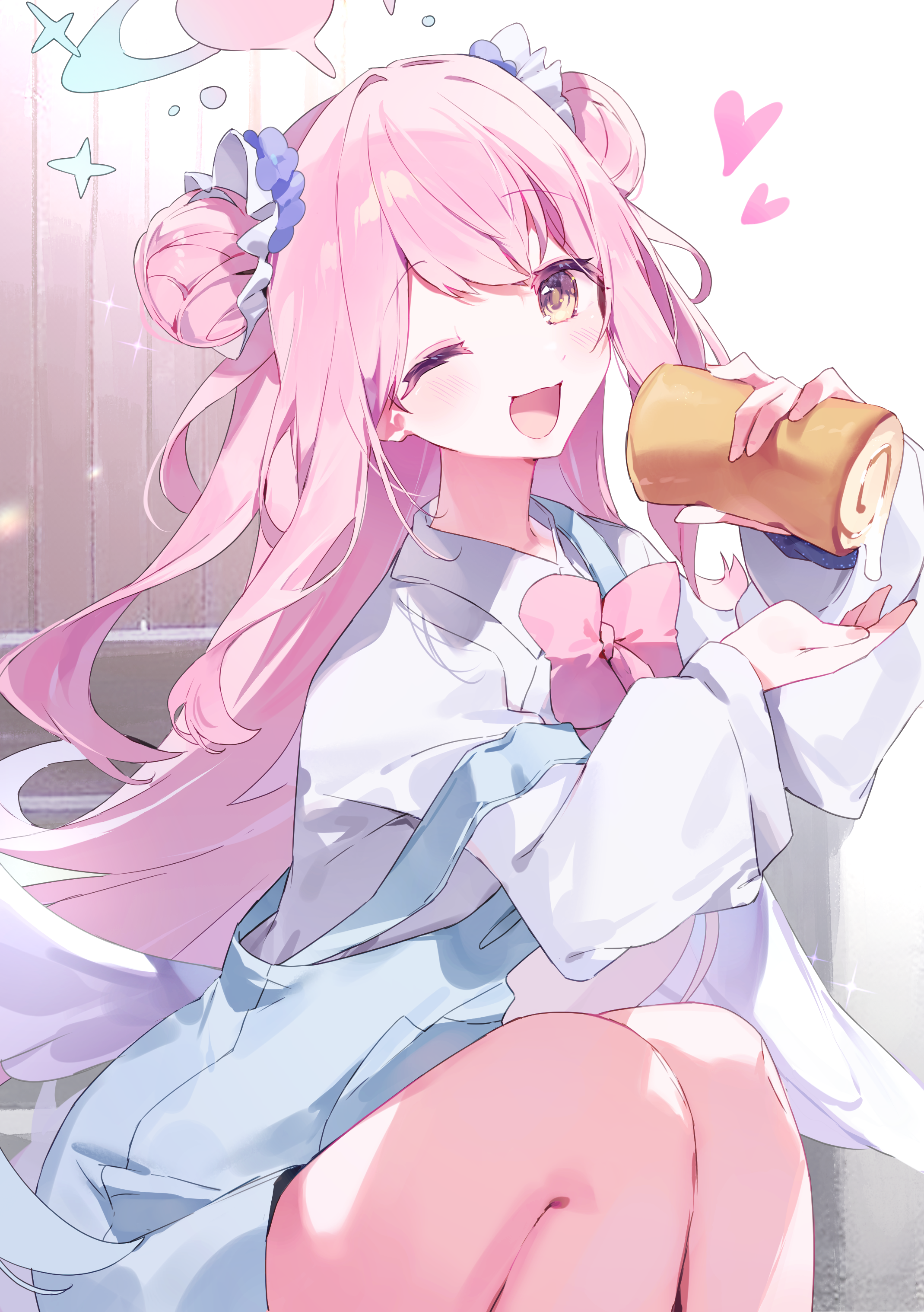 Anime 2139x3035 anime anime girls Blue Archive Misono Mika pink hair portrait display looking at viewer smiling one eye closed long hair open mouth bent legs yellow eyes heart twin buns flower in hair hairbun apron food long sleeves sitting sweets swiss roll cake bow tie wink wall wood knees