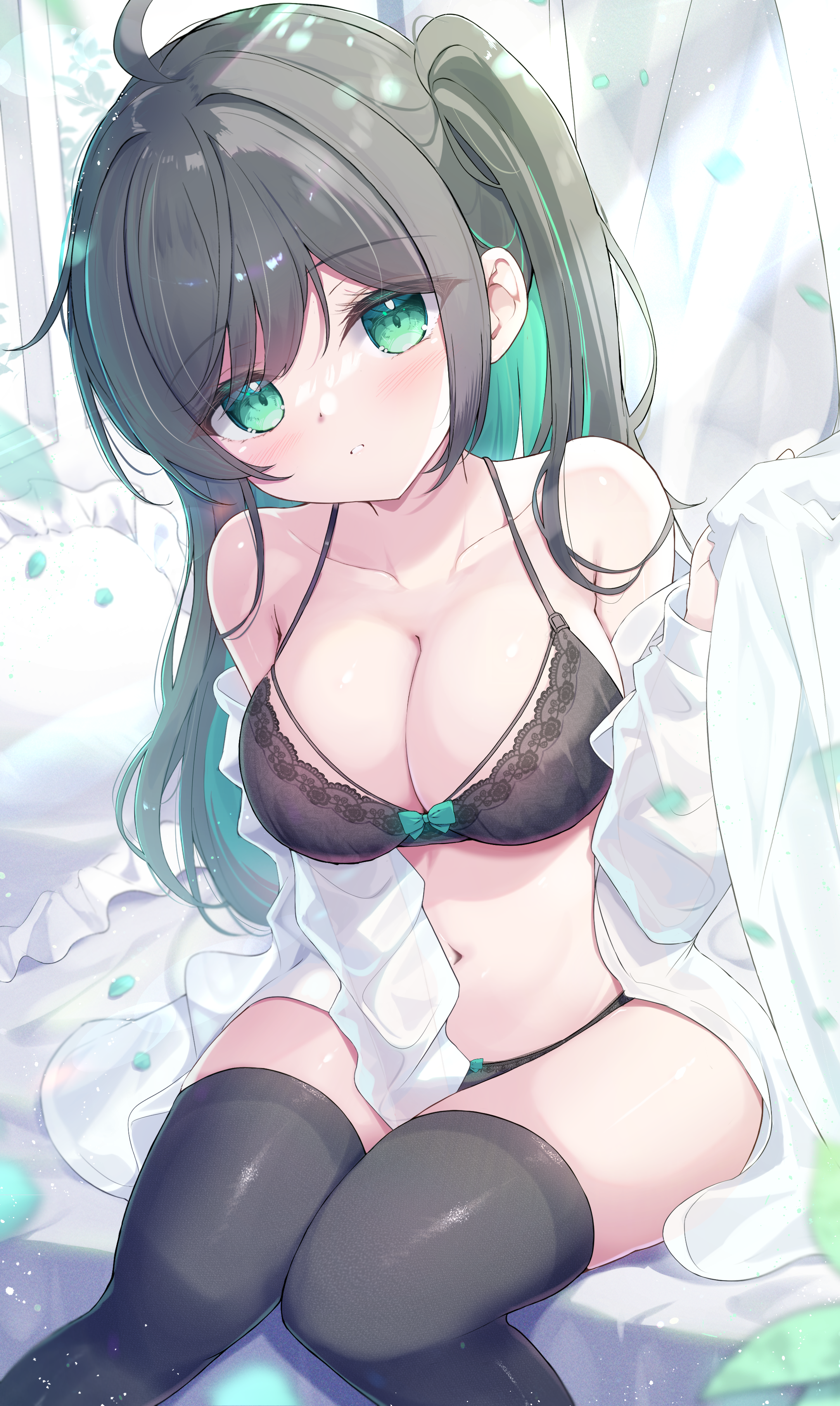 Anime 2166x3624 anime anime girls Mikaze Oto sitting looking at viewer blushing portrait display long hair two tone hair blue eyes parted lips cleavage big boobs stockings underwear collarbone sunlight bed thighs leaves Side ponytail ahoge hand(s) between legs curtains off shoulder
