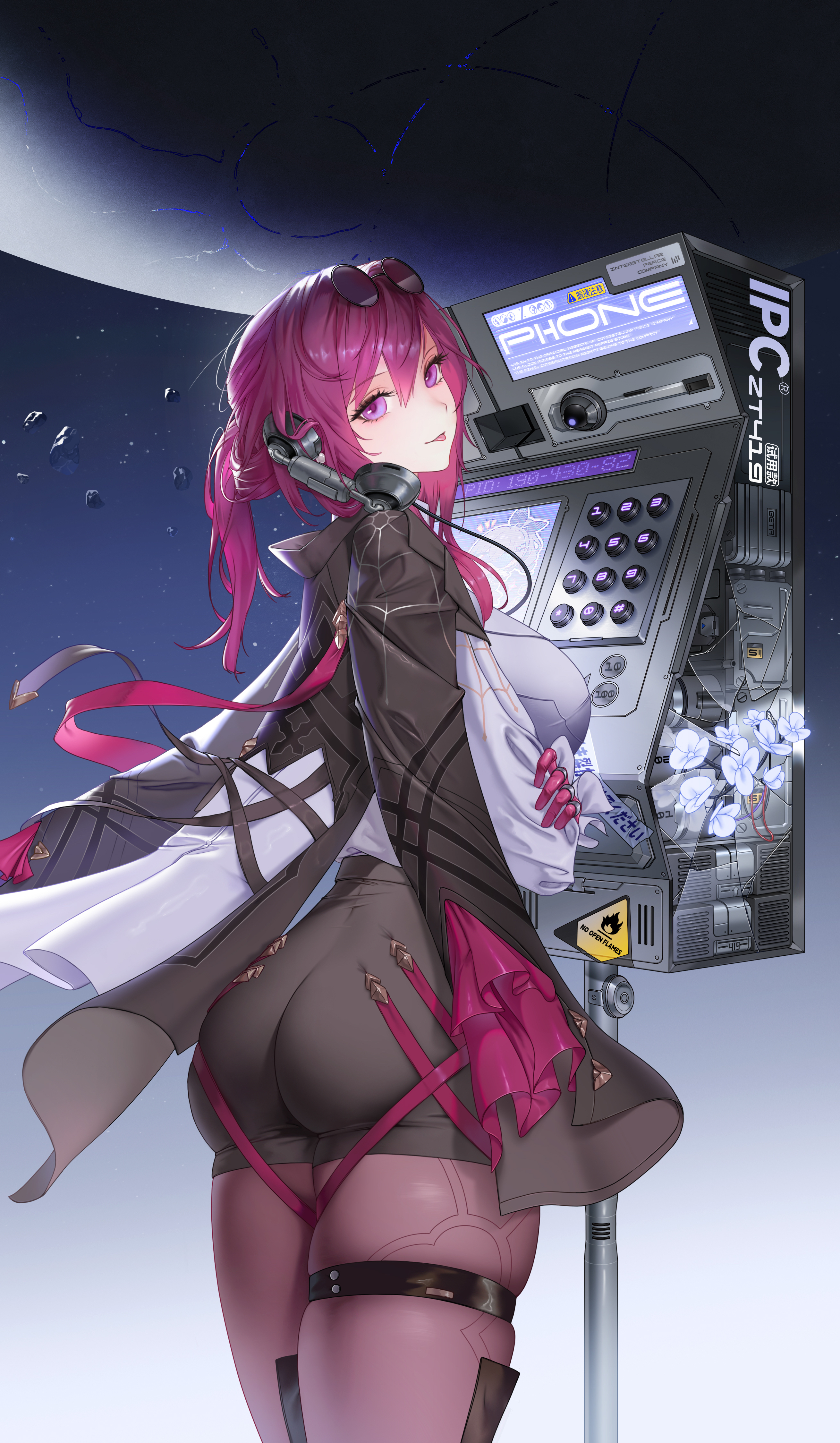 Anime 2619x4498 anime anime girls ass Honkai: Star Rail Kafka (Honkai: Star Rail) koiswag portrait display looking at viewer standing hair between eyes tongues purple eyes purple hair phone numbers leg ring skindentation arms crossed rear view flowers sunglasses space stars planet pantyhose looking back high waisted shorts thighs tongue out