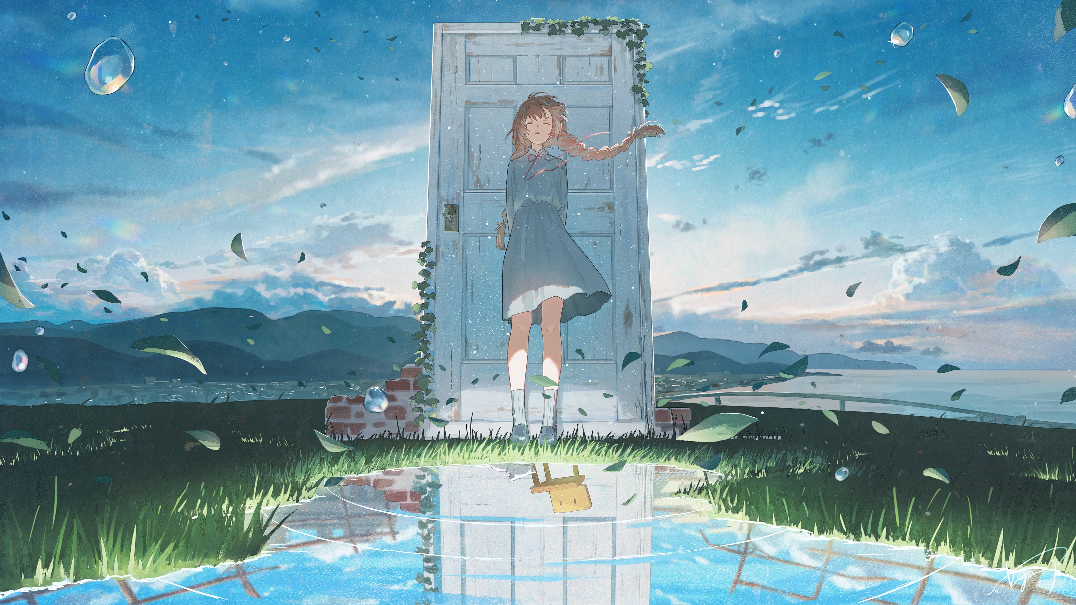 Anime 3500x1969 anime anime girls Suzume blue shirt wind water sky clouds leaves skirt standing reflection socks white socks twintails closed eyes chair cats braids long hair brunette arm(s) behind back loafer open mouth grass hair blowing in the wind