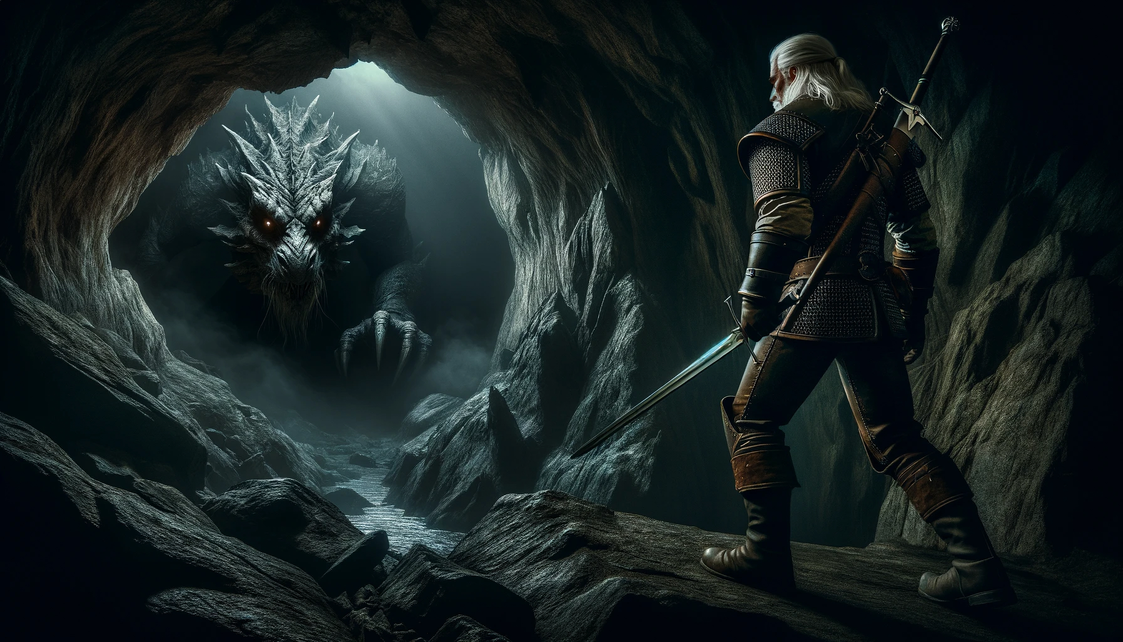 General 3584x2048 AI art digital art video games creature The Witcher 3: Wild Hunt Geralt of Rivia sword video game characters The Witcher cave white hair armor video game men