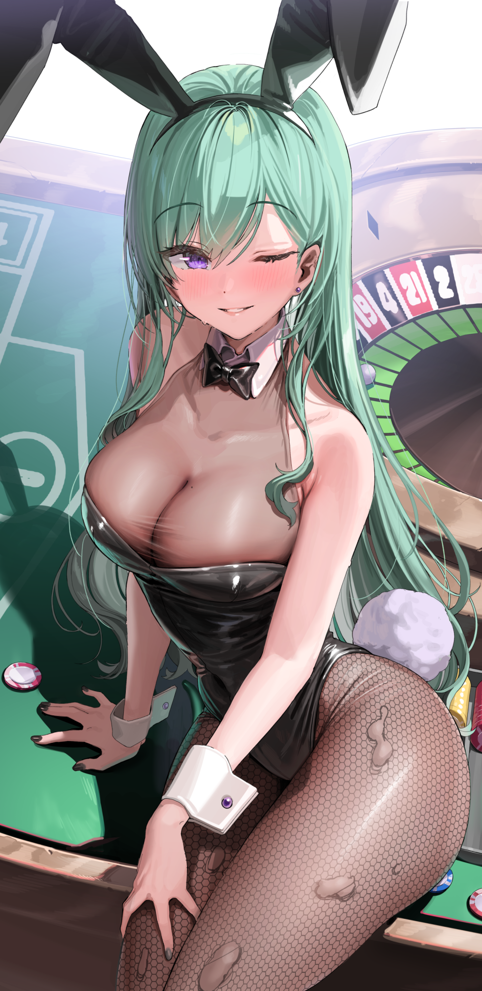 Anime 977x2006 Yakumo Beni green hair portrait display long hair one eye closed bunny girl purple eyes bunny suit smiling looking at viewer torn clothes big boobs torn legwear pantyhose see-through clothing tail fishnet pantyhose sitting mole on breast wrist cuffs Virtual eSports Project (VSPO!) black nails cleavage bow tie black leotard fishnet poker chips Kanzarin roulette anime girls wink Virtual Youtuber blushing