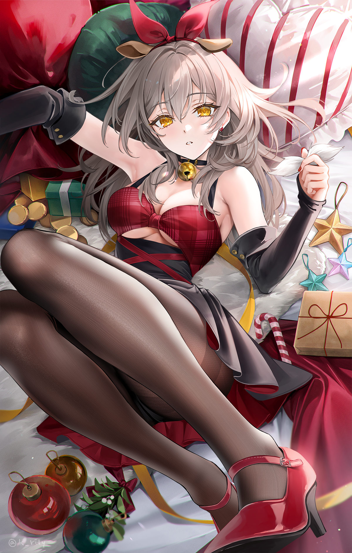 Anime 1200x1886 anime anime girls portrait display Rity (artist) Stelle (Honkai:Star Rail) bells Honkai: Star Rail looking at viewer long hair hair between eyes bent legs yellow eyes parted lips pantyhose watermarked pillow heart (design) earring big boobs Christmas ornaments  heels Christmas presents stars cleavage animal ears choker painted nails candy cane red heels lying down lying on back blonde video game girls video game characters