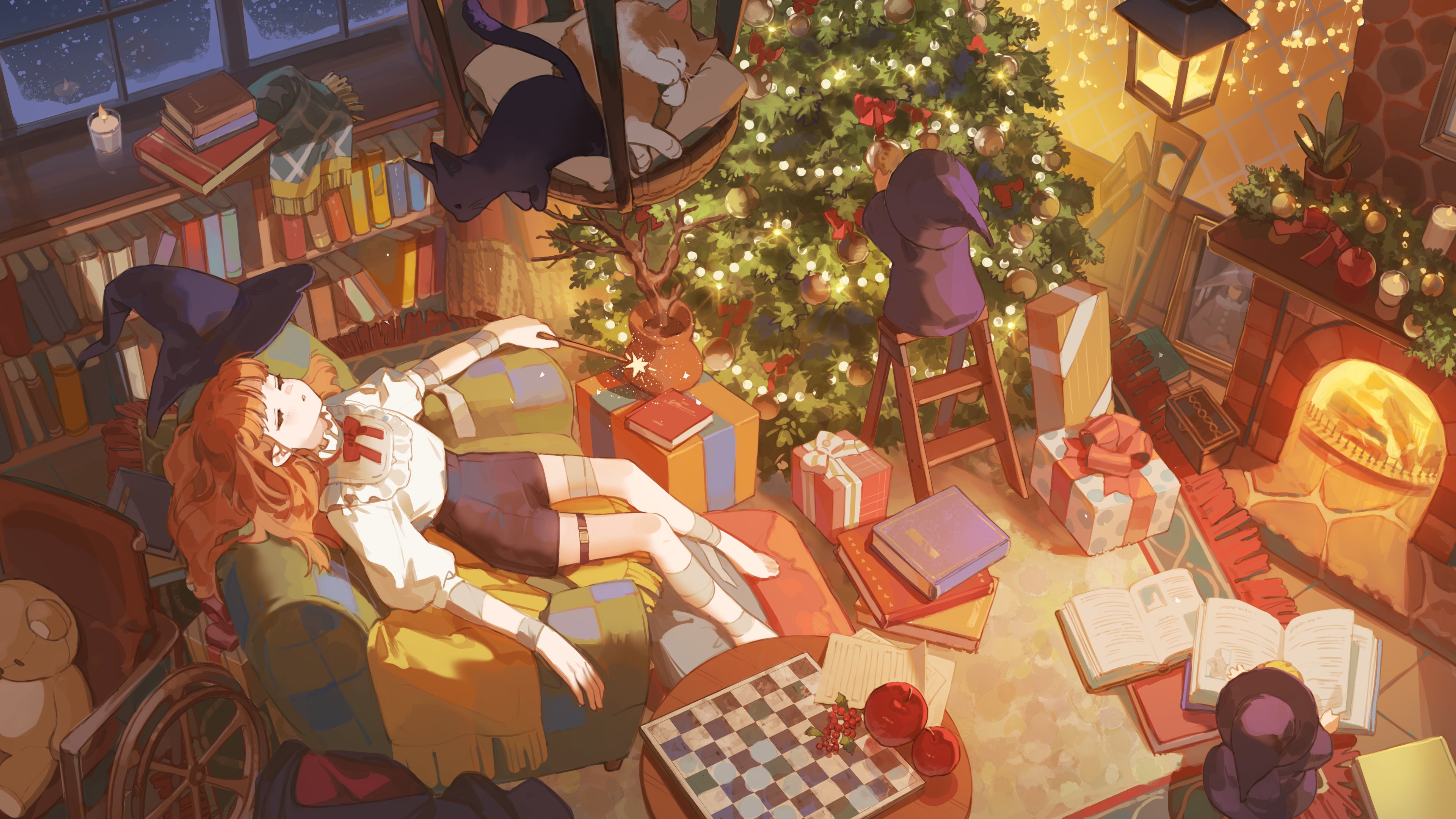 Anime 3840x2160 anime girls high angle Christmas chessboard Christmas tree interior Christmas ornaments  cats armchair fireplace Christmas presents fire lying on back teddy bears wheelchair bandages thigh strap witch hat Ema3 picture frames bookshelves books reading closed eyes sleeping plush toy candles decorations women indoors fruit food witch lantern presents ladder chair indoors box sitting