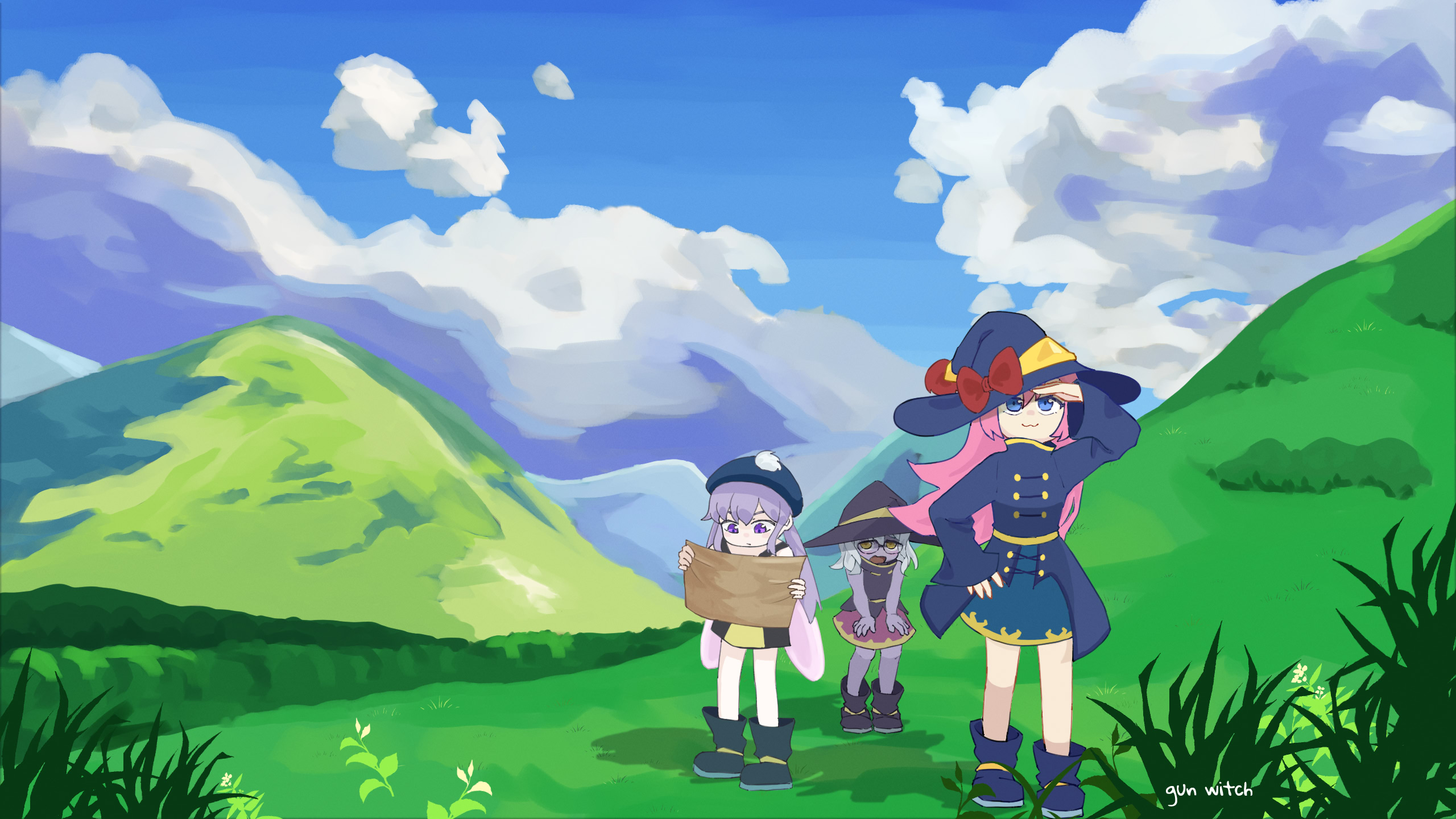Anime 2560x1440 gun_witch nature adventurers colorful mountains anime girls looking away leaves signature smiling glasses women with glasses outdoors women outdoors hair between eyes standing sky clouds map hat witch hat tired grass